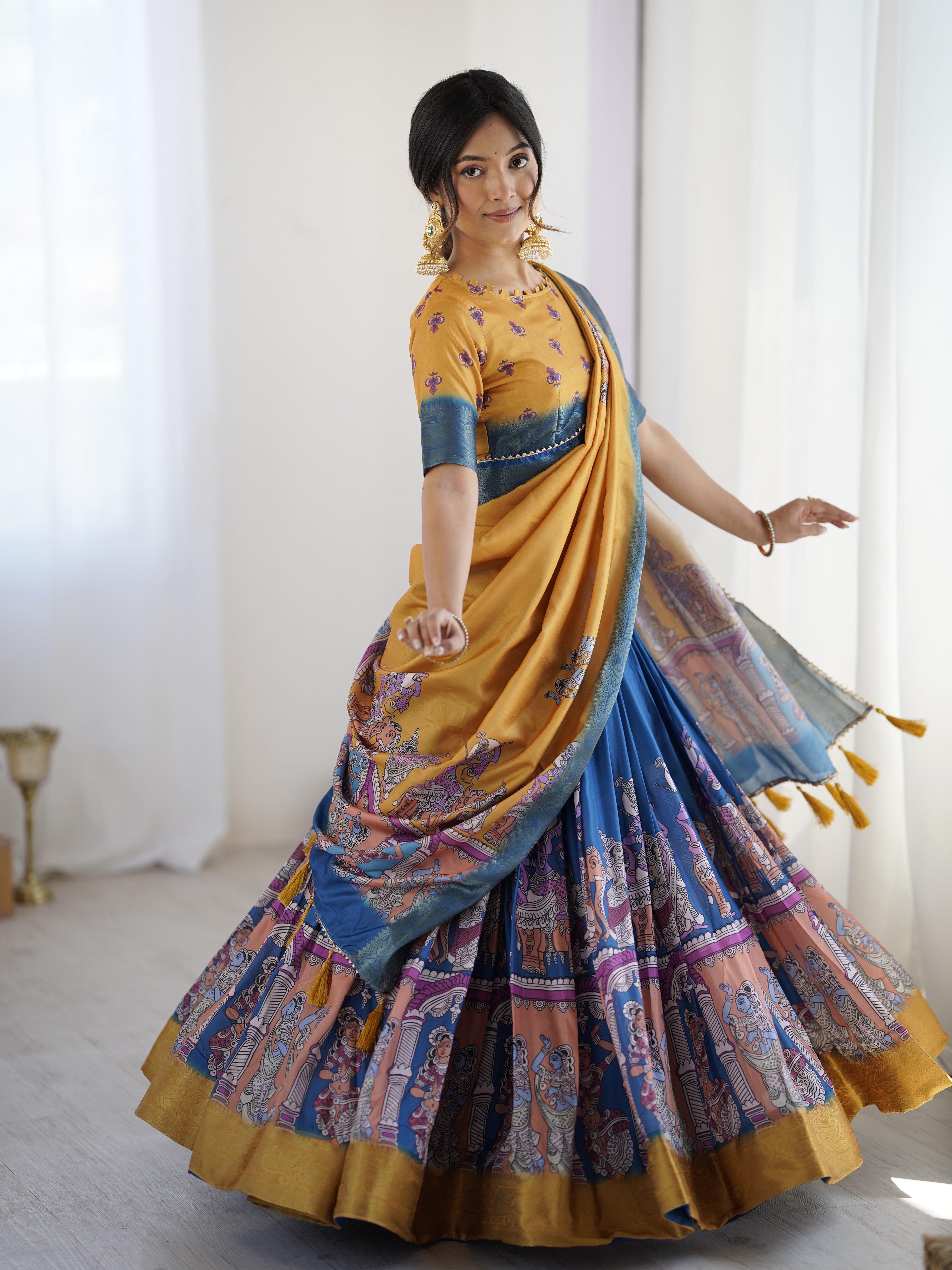 Elegant Kalamkari Lehenga in Mustard and Royal Blue with Flared Skirt and Dupatta
