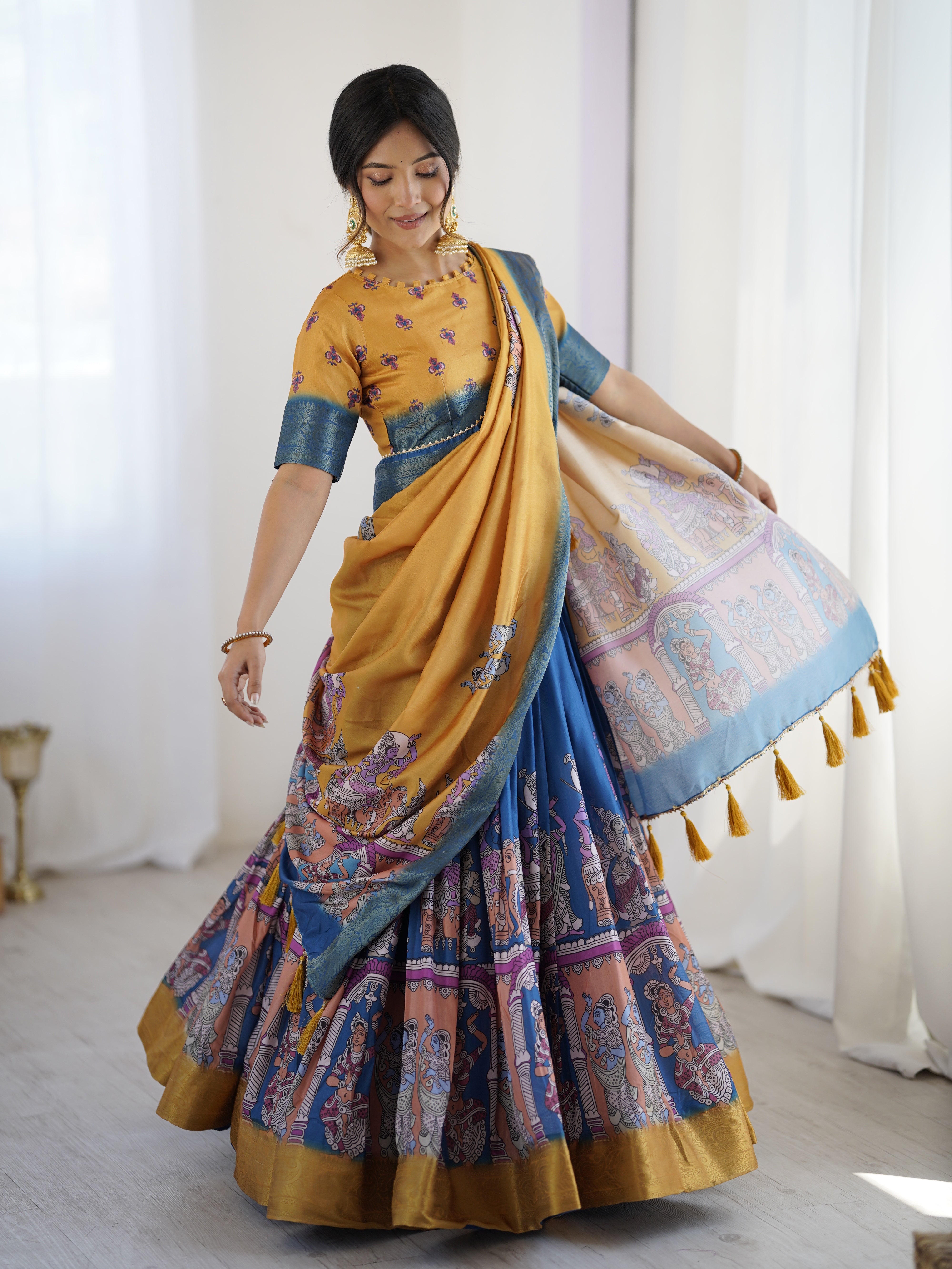 Elegant Kalamkari Lehenga in Mustard and Royal Blue with Flared Skirt and Dupatta