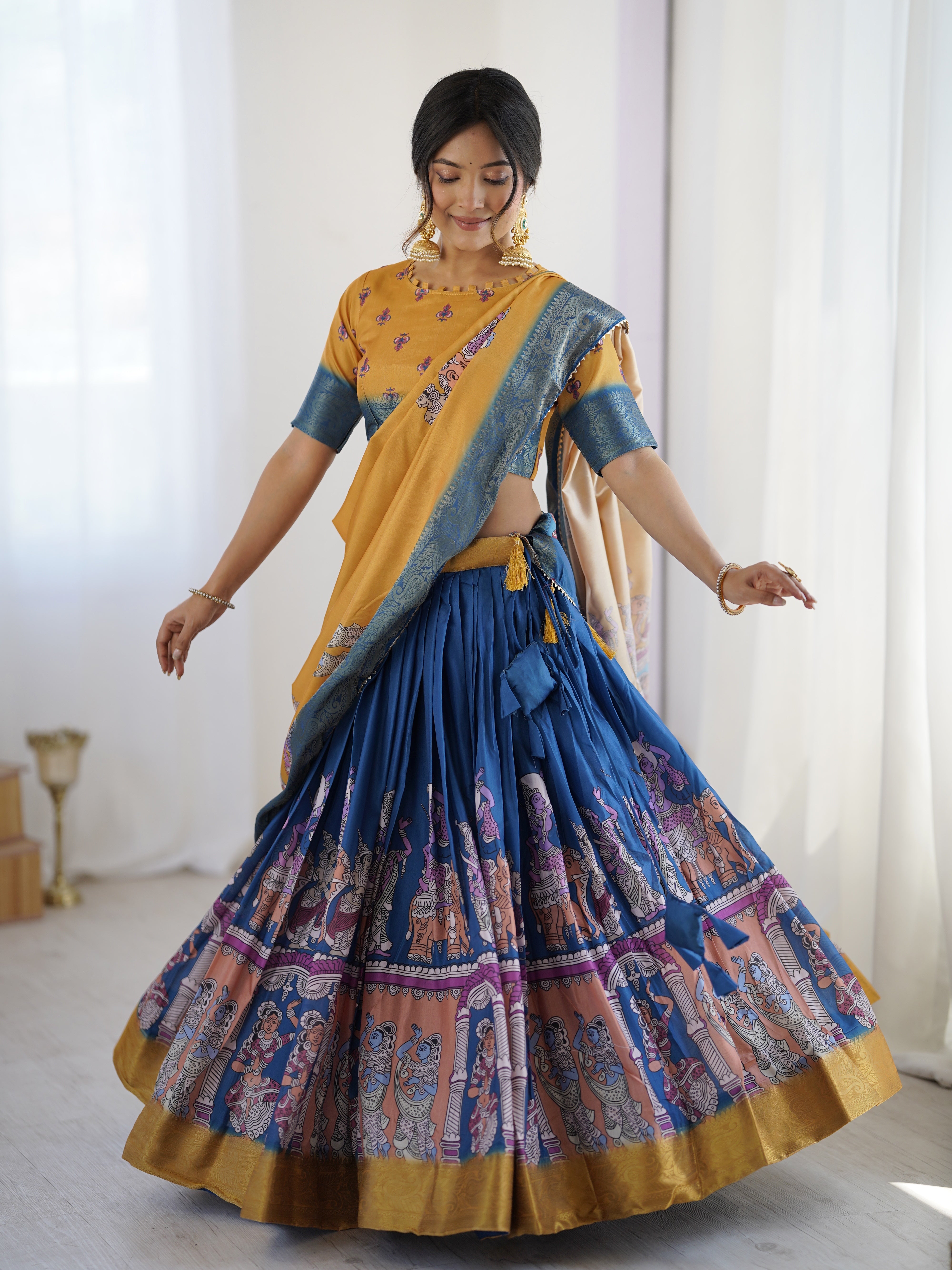 Elegant Kalamkari Lehenga in Mustard and Royal Blue with Flared Skirt and Dupatta