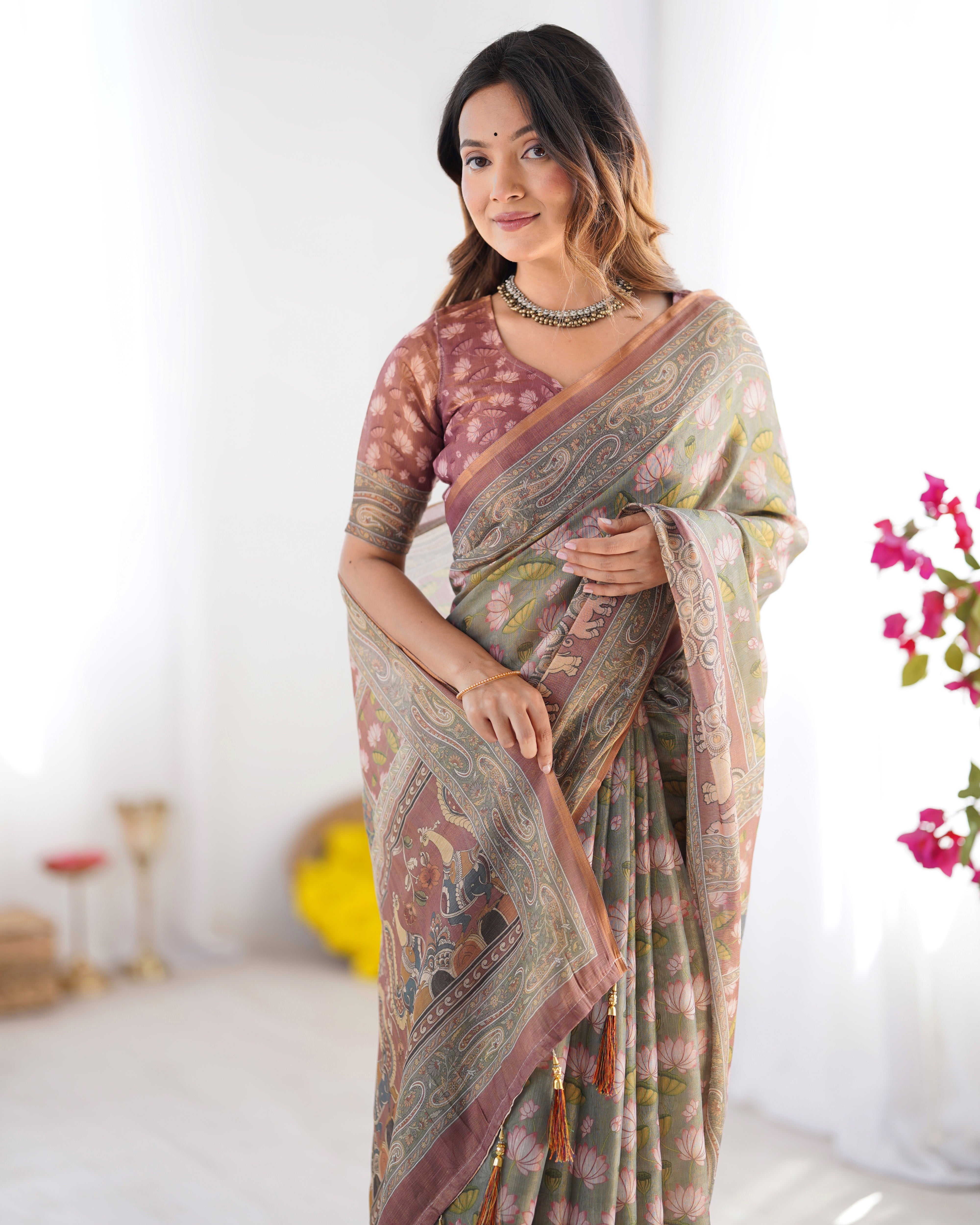 Olive Green Pure Linen Cotton Handloom Saree with Pink Lotus Motifs & Maroon Blouse