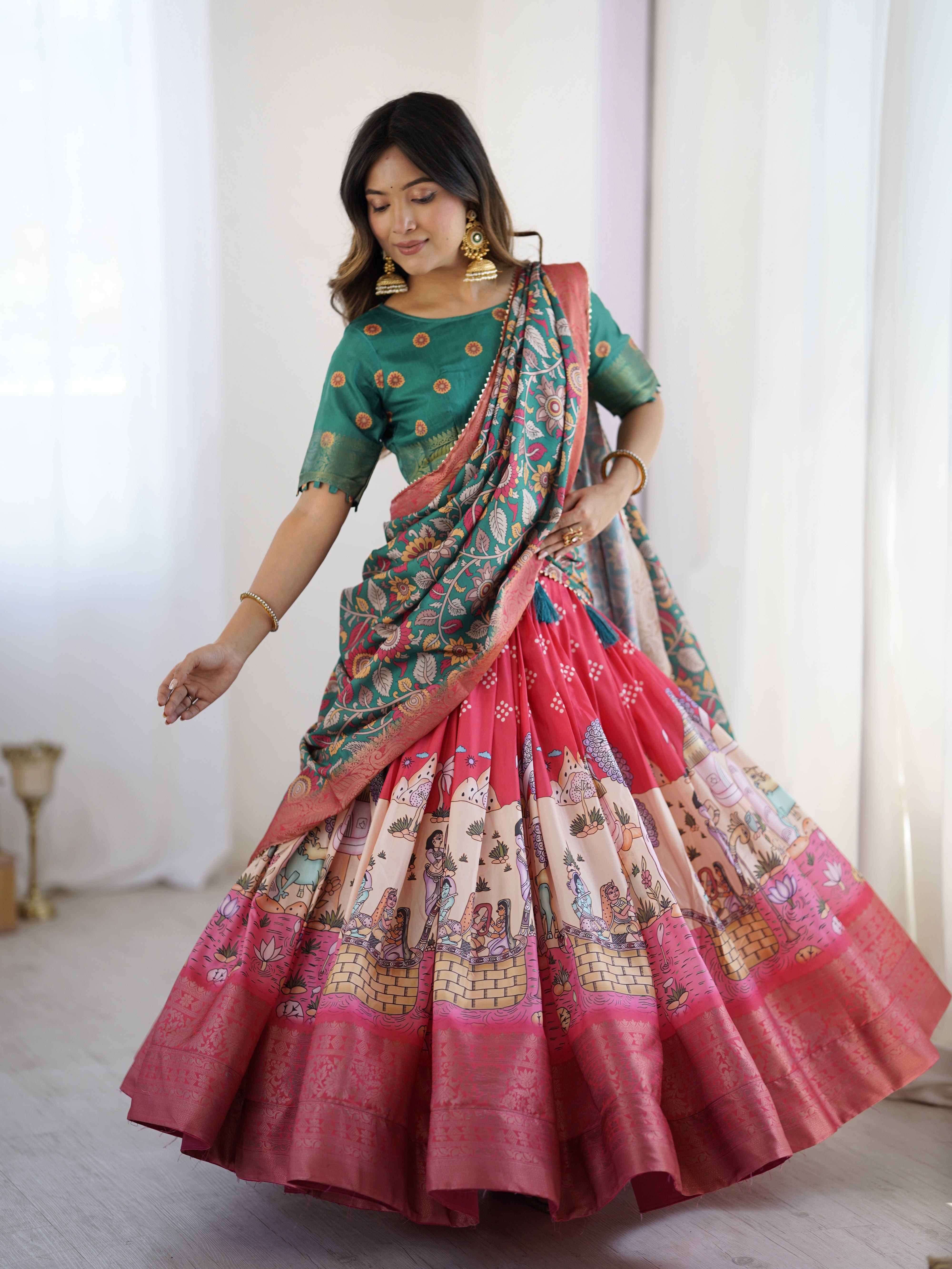 Elegant Kalamkari Lehenga in Rani Pink and Teal Green with Mythological Print and Floral Dupatta