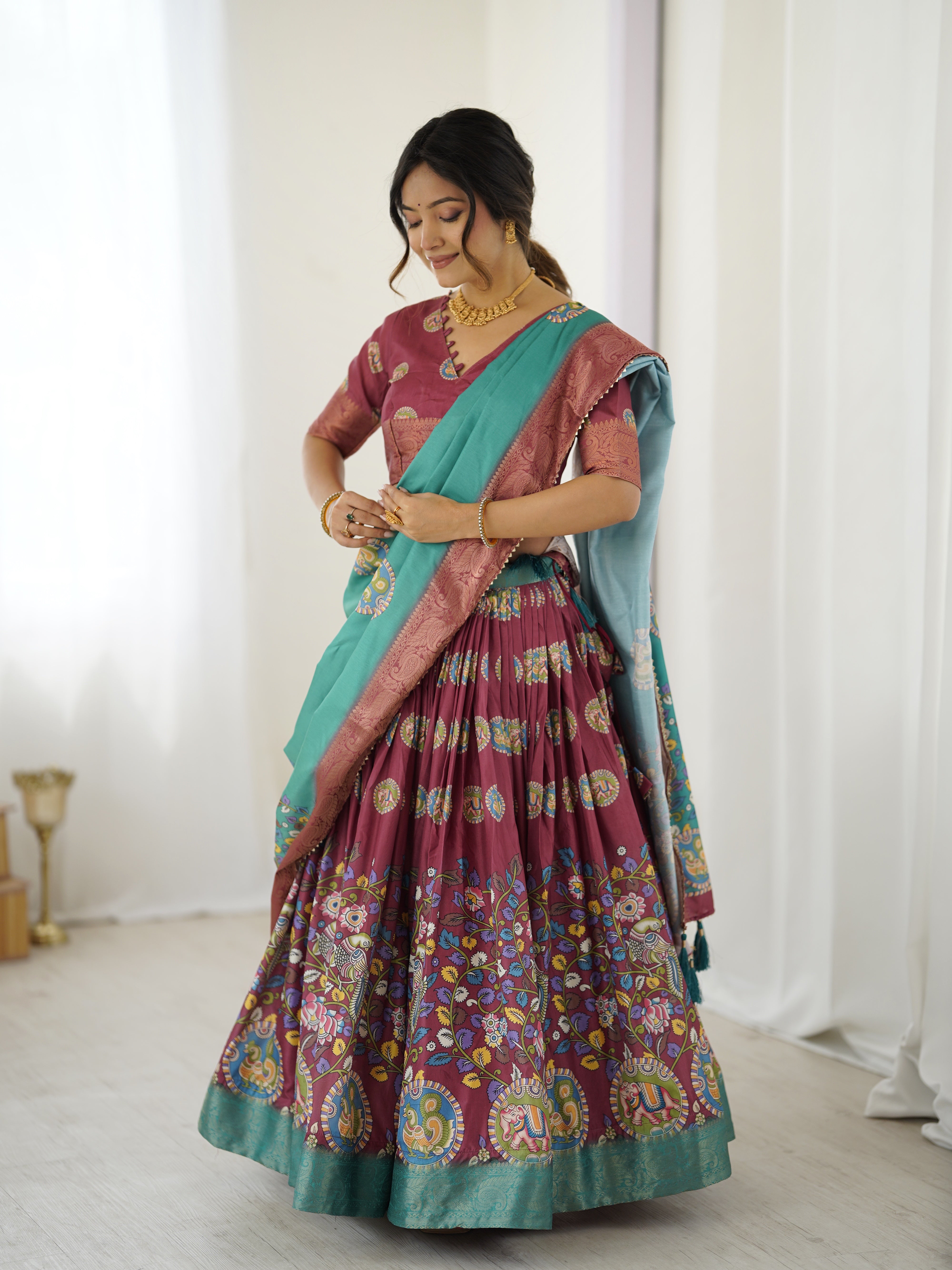Wine & Teal Kalamkari Tussar Silk Lehenga with Zari Border & Tassel Dupatta – Festive & Wedding Wear