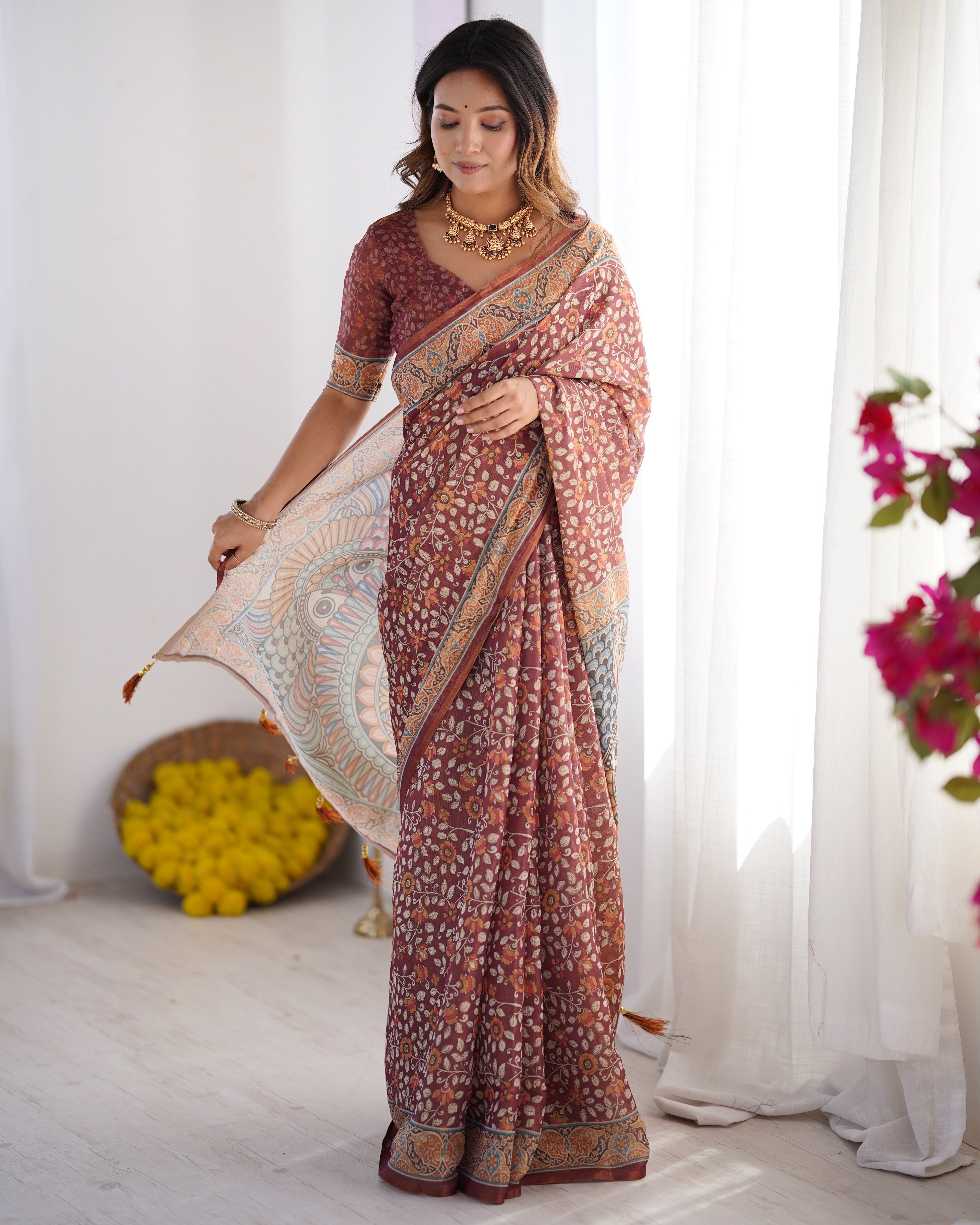 Maroon Pure Linen Cotton Handloom Saree with Floral Buti Print and Madhubani Fish Art Pallu