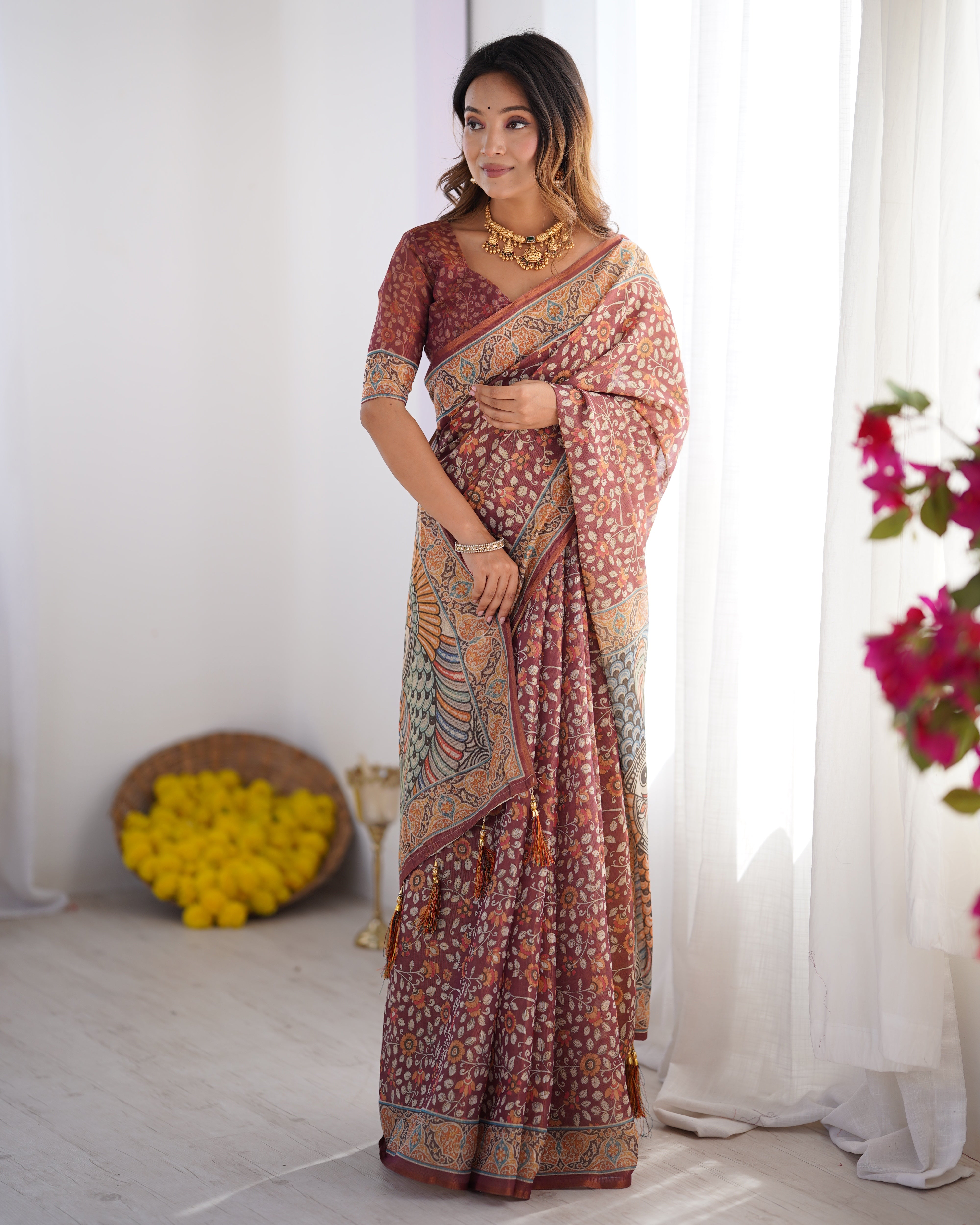 Maroon Pure Linen Cotton Handloom Saree with Floral Buti Print and Madhubani Fish Art Pallu
