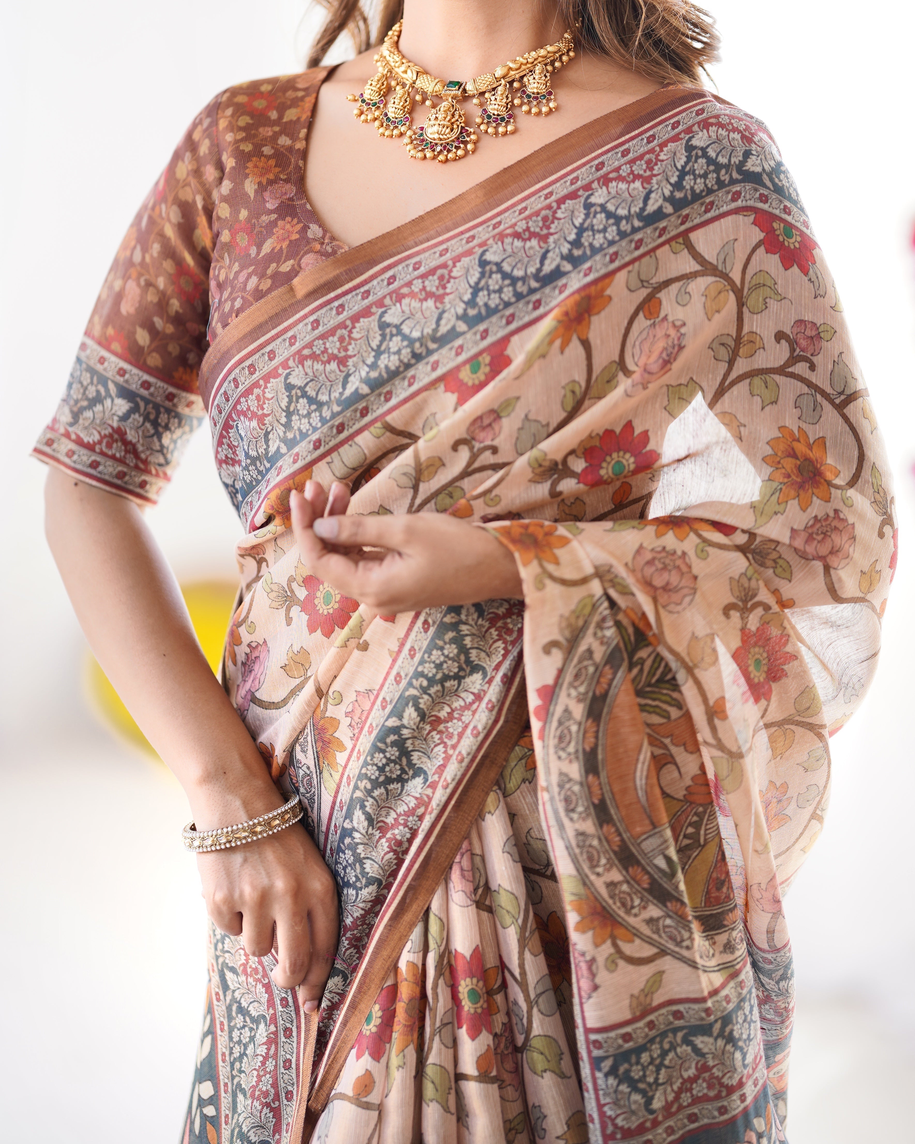 Handloom Linen Cotton Printed Saree with Traditional Mithila Art Pallu – Earthy Beige & Maroon