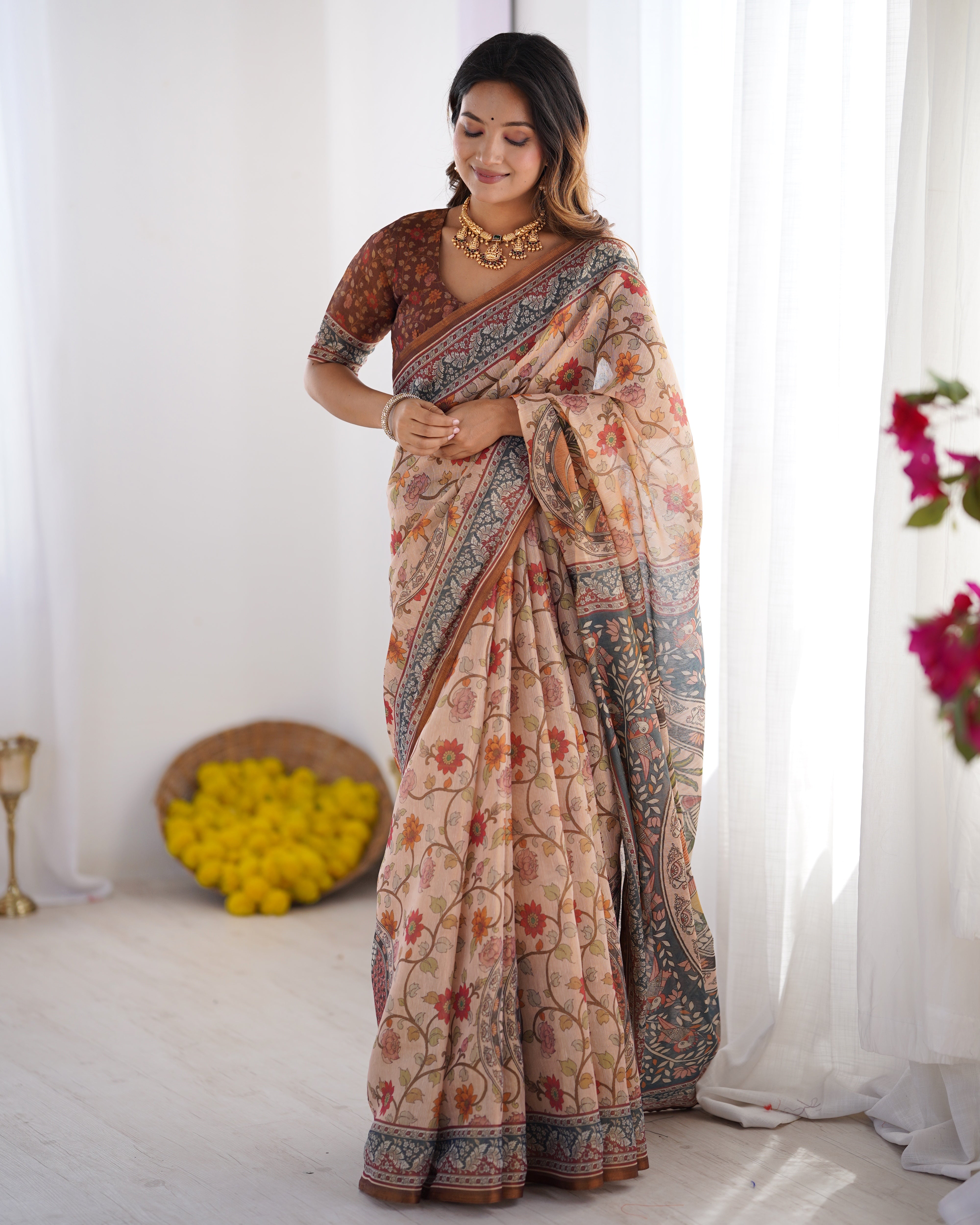 Handloom Linen Cotton Printed Saree with Traditional Mithila Art Pallu – Earthy Beige & Maroon