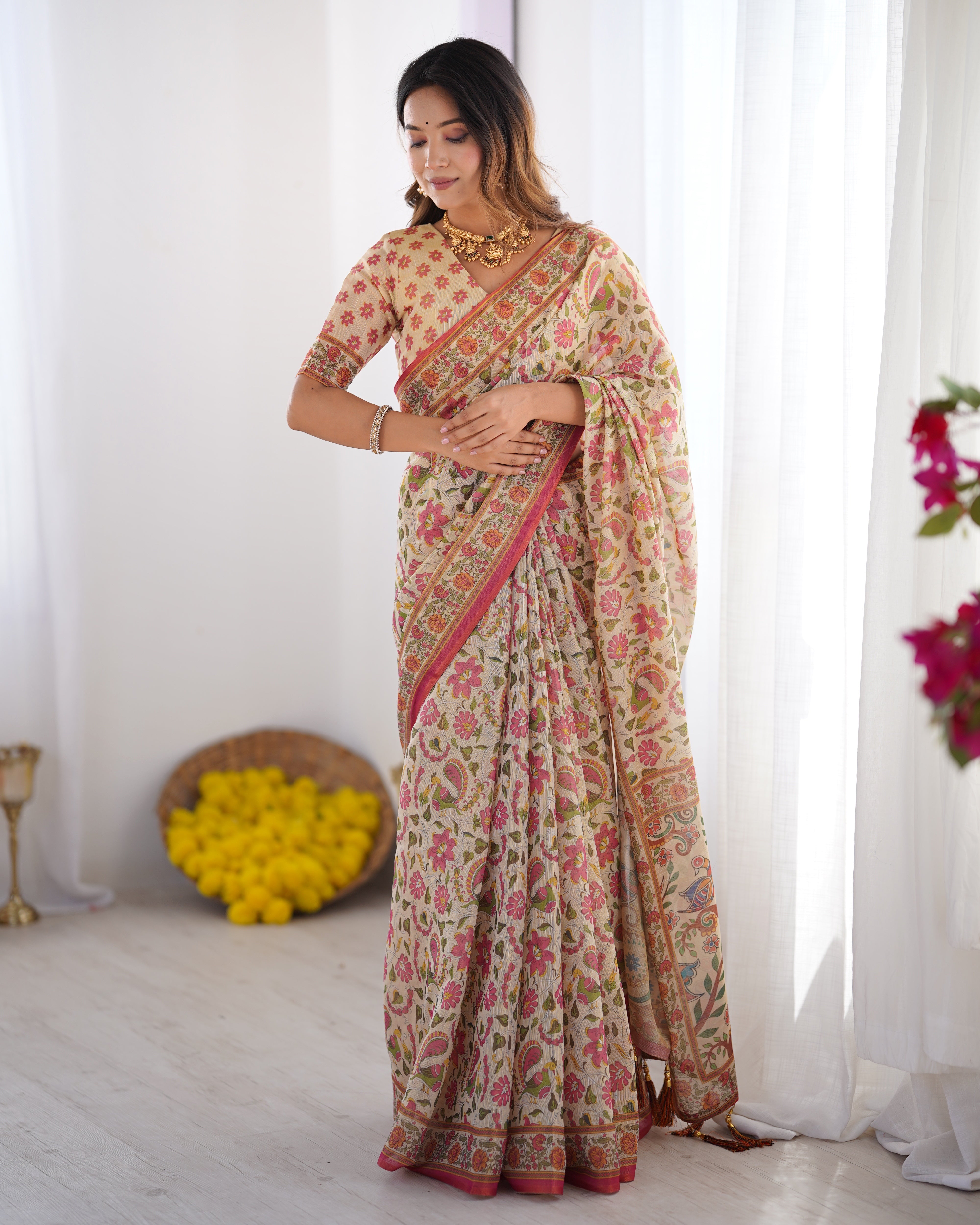 Cream Pink Handloom Linen Cotton Printed Saree with Folk Art Bird Motif Pallu