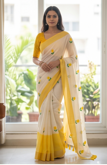 Mulmul Cotton Saree with Multicolored Checks and Handmade Tassels