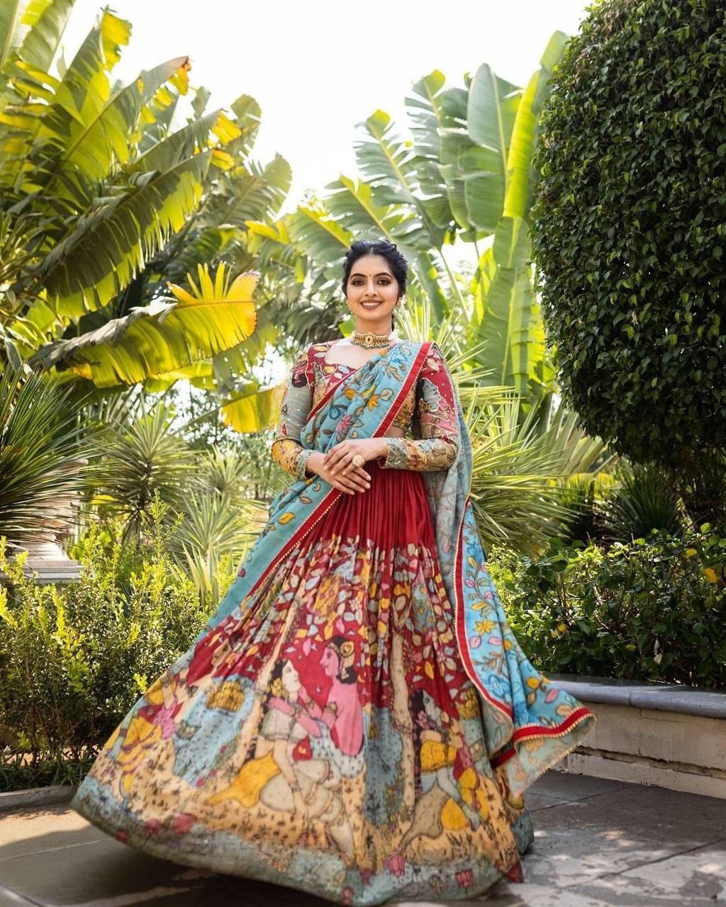 Elegant kalmakari lehenga, light shades to complement to create beautiful aura in all function