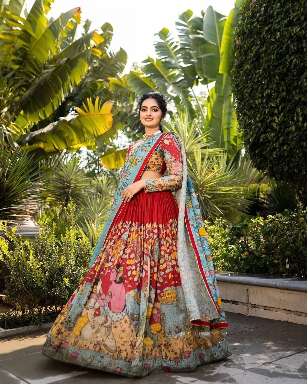 Elegant kalmakari lehenga, light shades to complement to create beautiful aura in all function