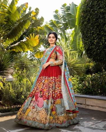 Elegant kalmakari lehenga, light shades to complement to create beautiful aura in all function