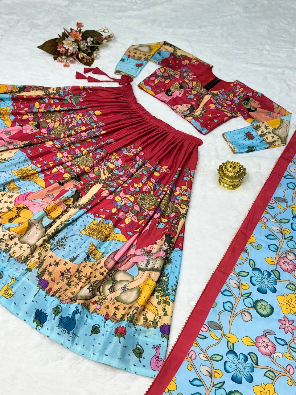 Elegant kalmakari lehenga, light shades to complement to create beautiful aura in all function