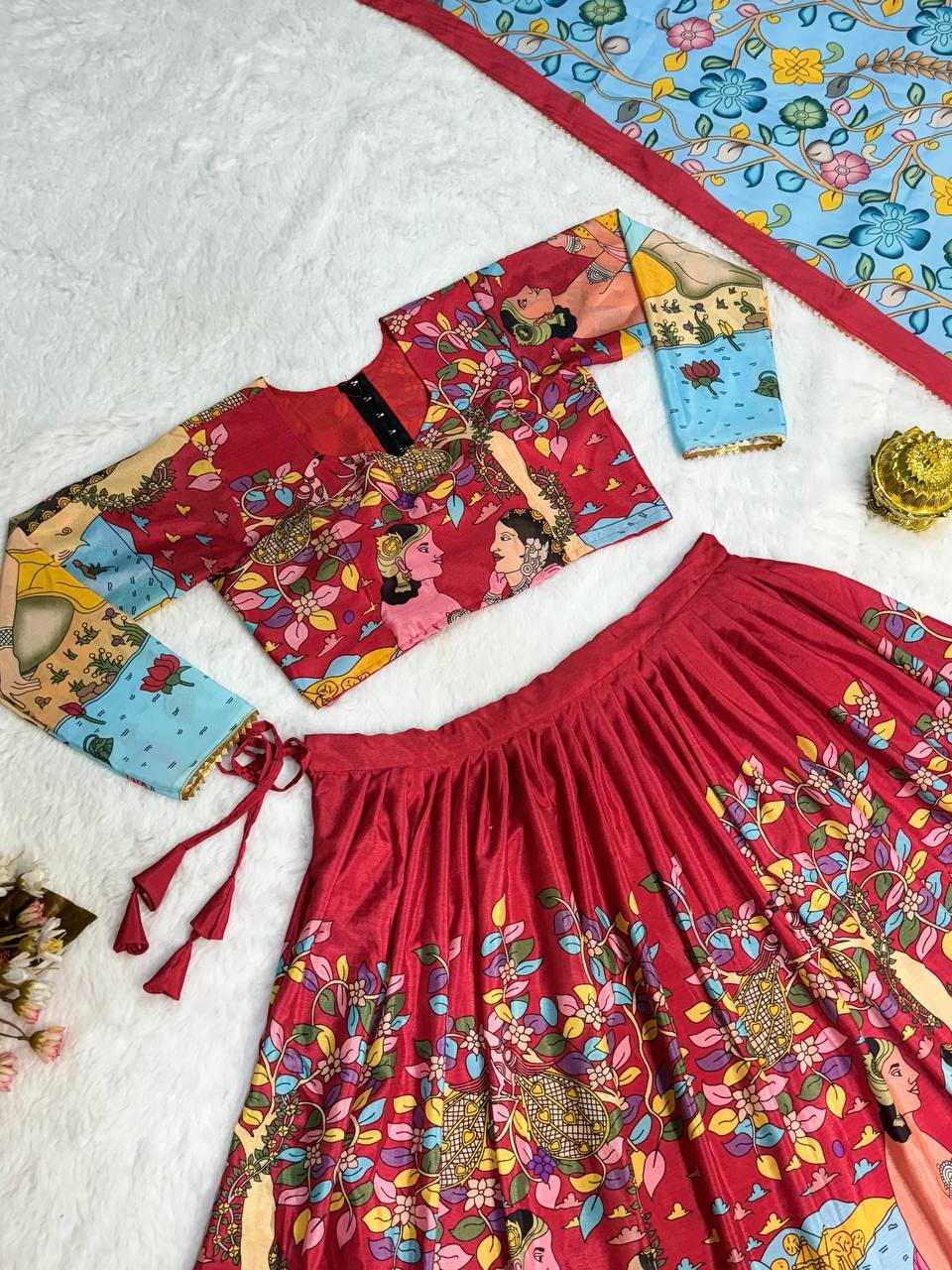 Elegant kalmakari lehenga, light shades to complement to create beautiful aura in all function