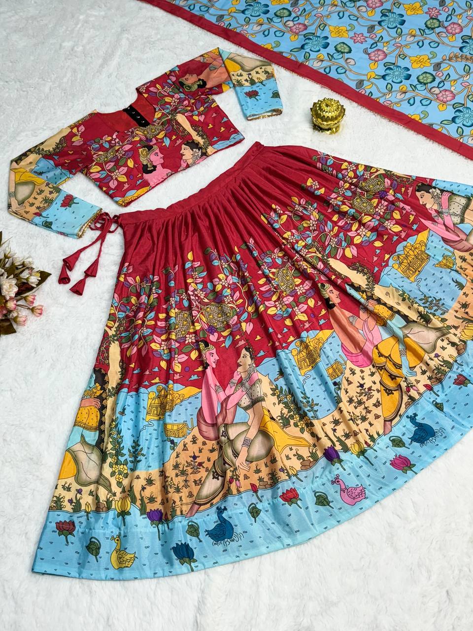 Elegant kalmakari lehenga, light shades to complement to create beautiful aura in all function