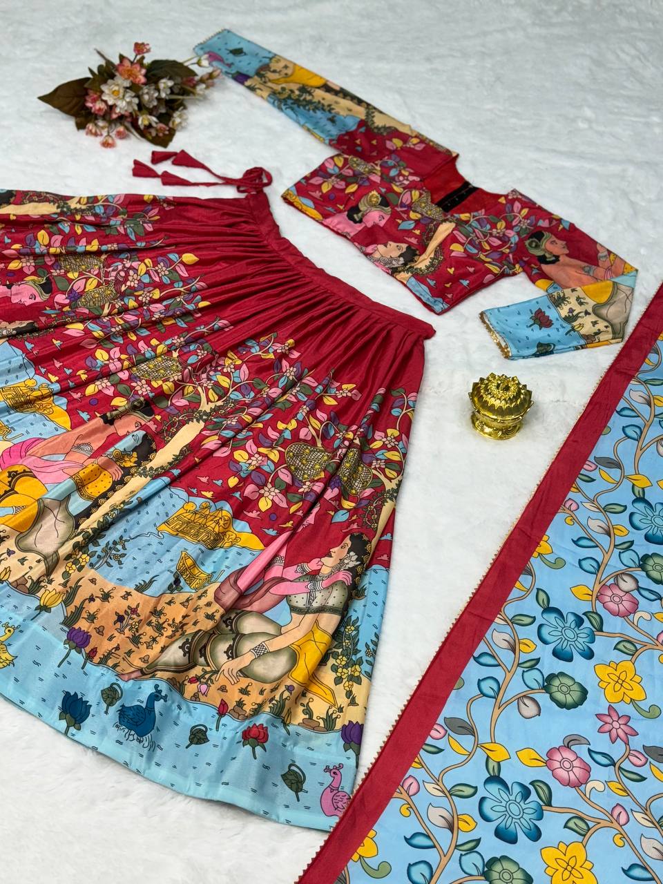 Elegant kalmakari lehenga, light shades to complement to create beautiful aura in all function