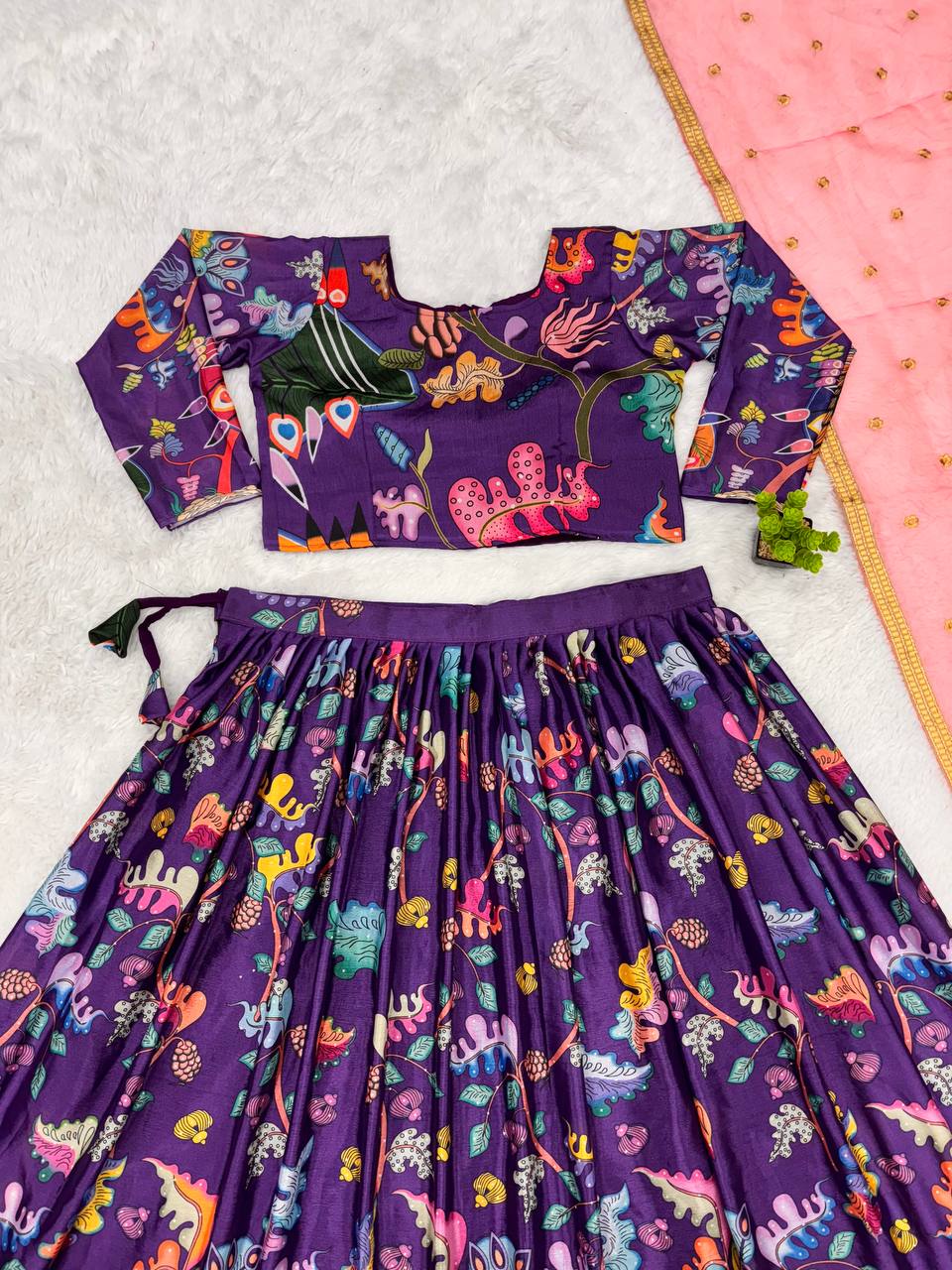 Kalamkari Lehenga Set with Peacock Motif and Pink Dupatta Traditional Purple