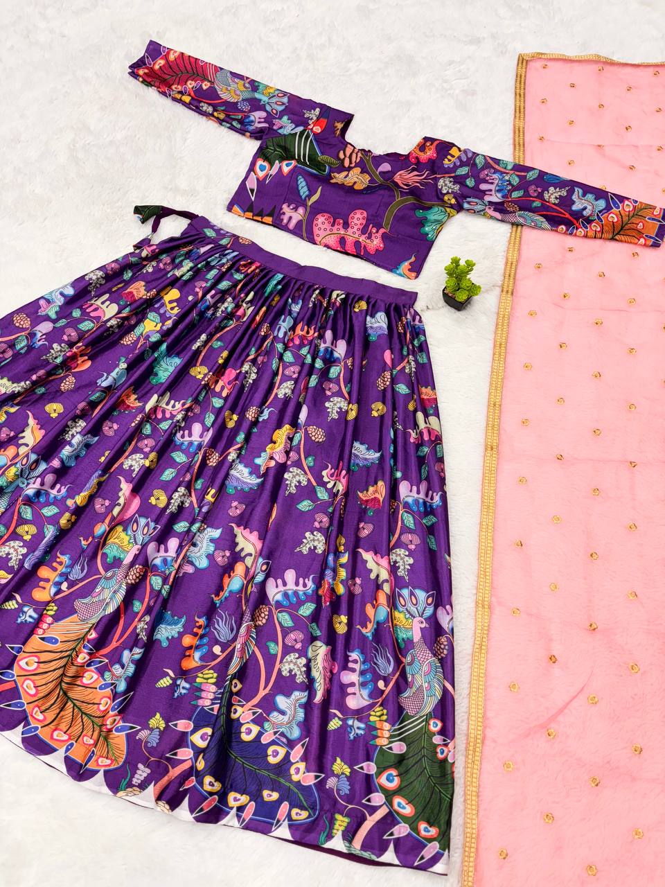 Kalamkari Lehenga Set with Peacock Motif and Pink Dupatta Traditional Purple