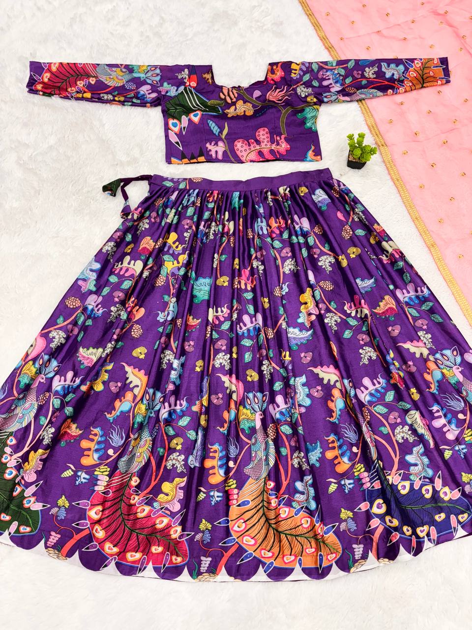 Kalamkari Lehenga Set with Peacock Motif and Pink Dupatta Traditional Purple