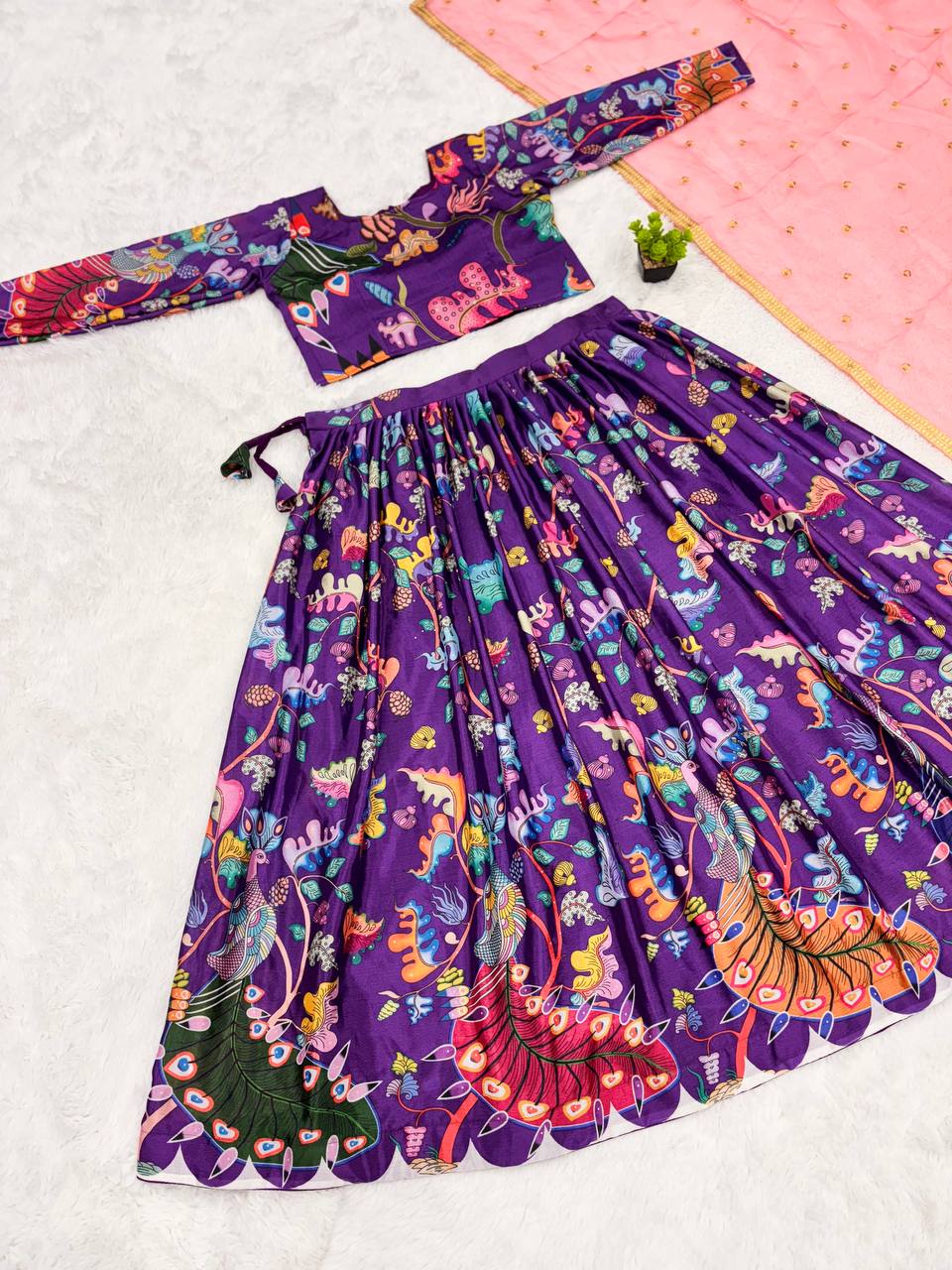 Kalamkari Lehenga Set with Peacock Motif and Pink Dupatta Traditional Purple