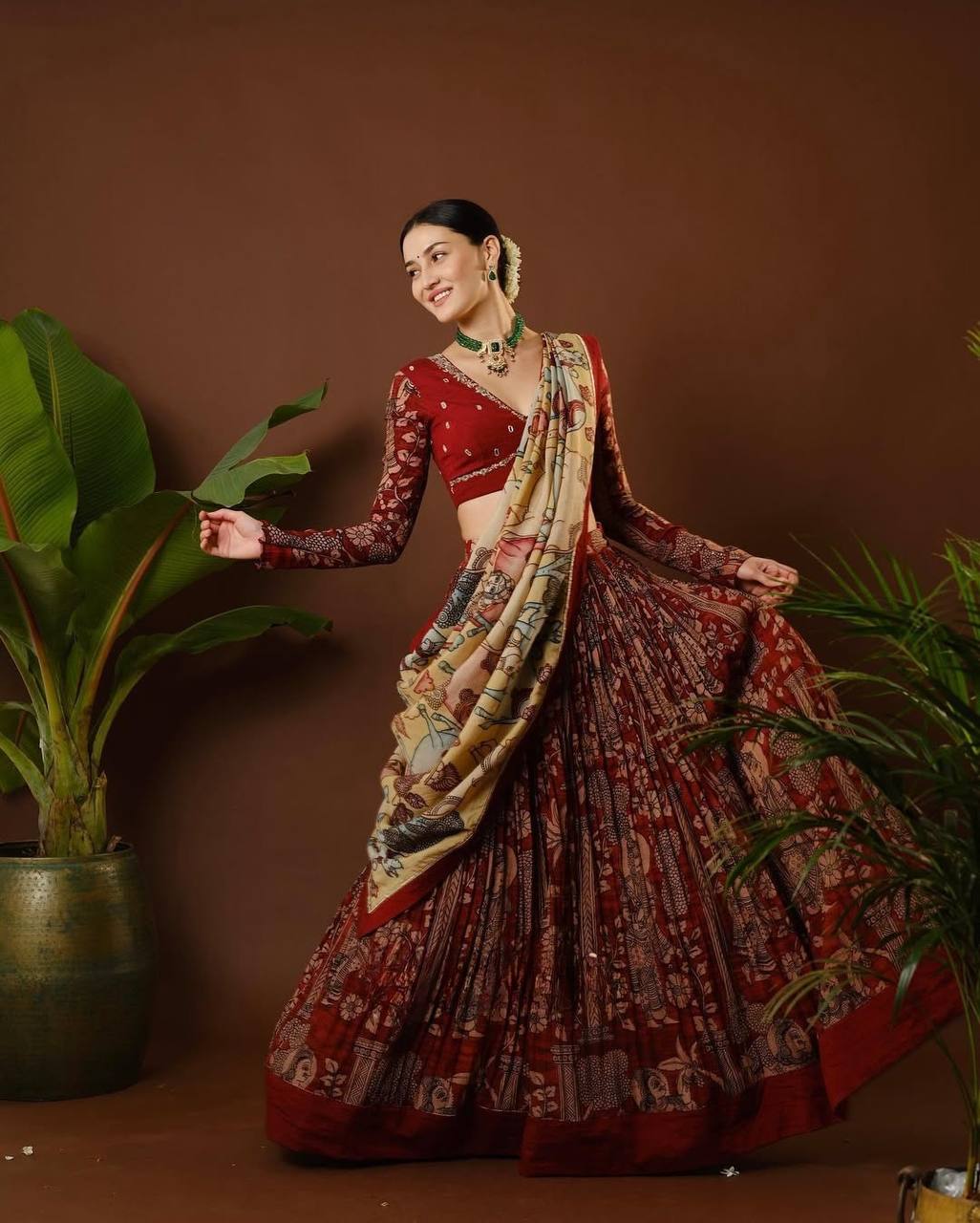 Madhubani Digital Maroon Print Lehenga with Beige Dupatta - Traditional Festive Wear for Women