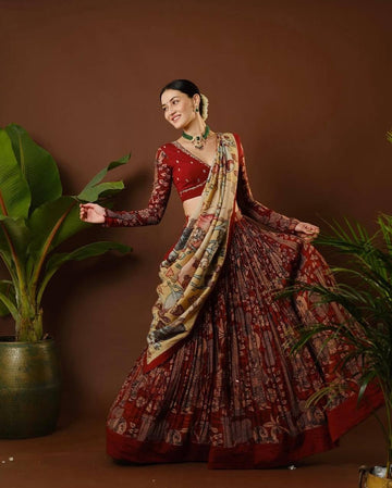 Madhubani Digital Maroon Print Lehenga with Beige Dupatta - Traditional Festive Wear for Women