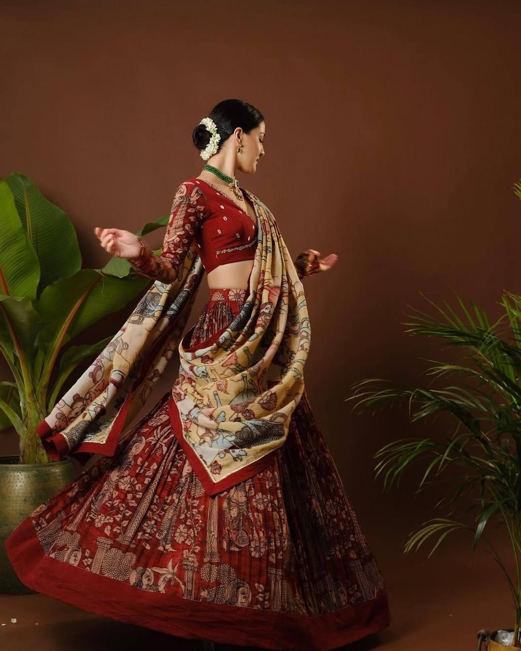 Madhubani Digital Maroon Print Lehenga with Beige Dupatta - Traditional Festive Wear for Women