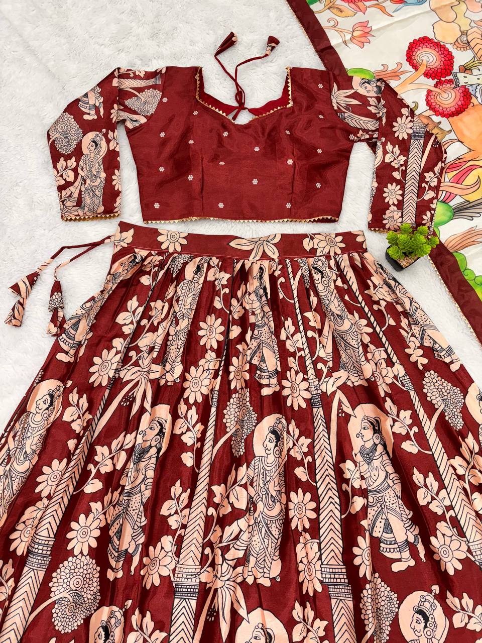 Madhubani Digital Maroon Print Lehenga with Beige Dupatta - Traditional Festive Wear for Women