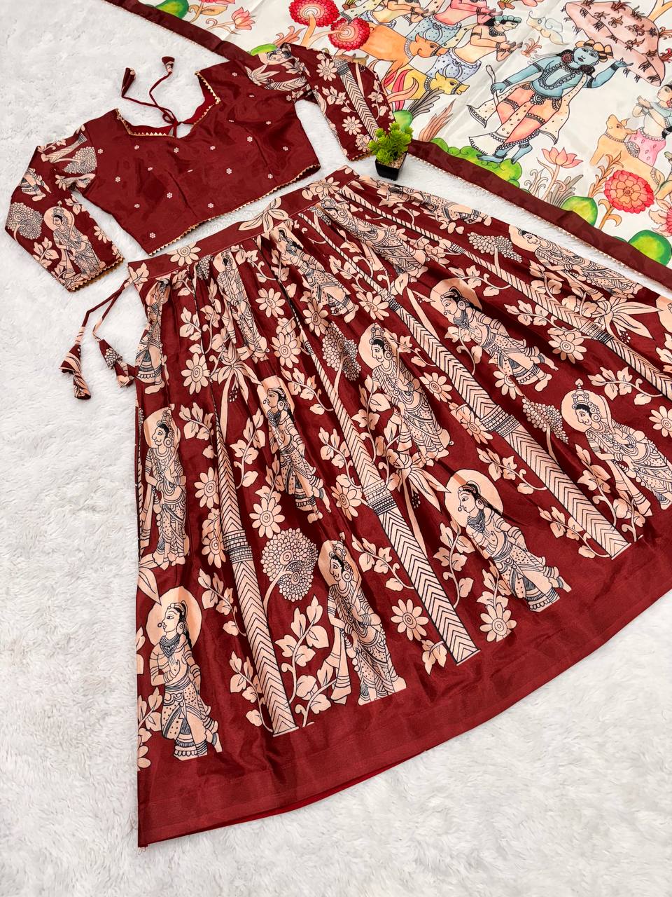 Madhubani Digital Maroon Print Lehenga with Beige Dupatta - Traditional Festive Wear for Women