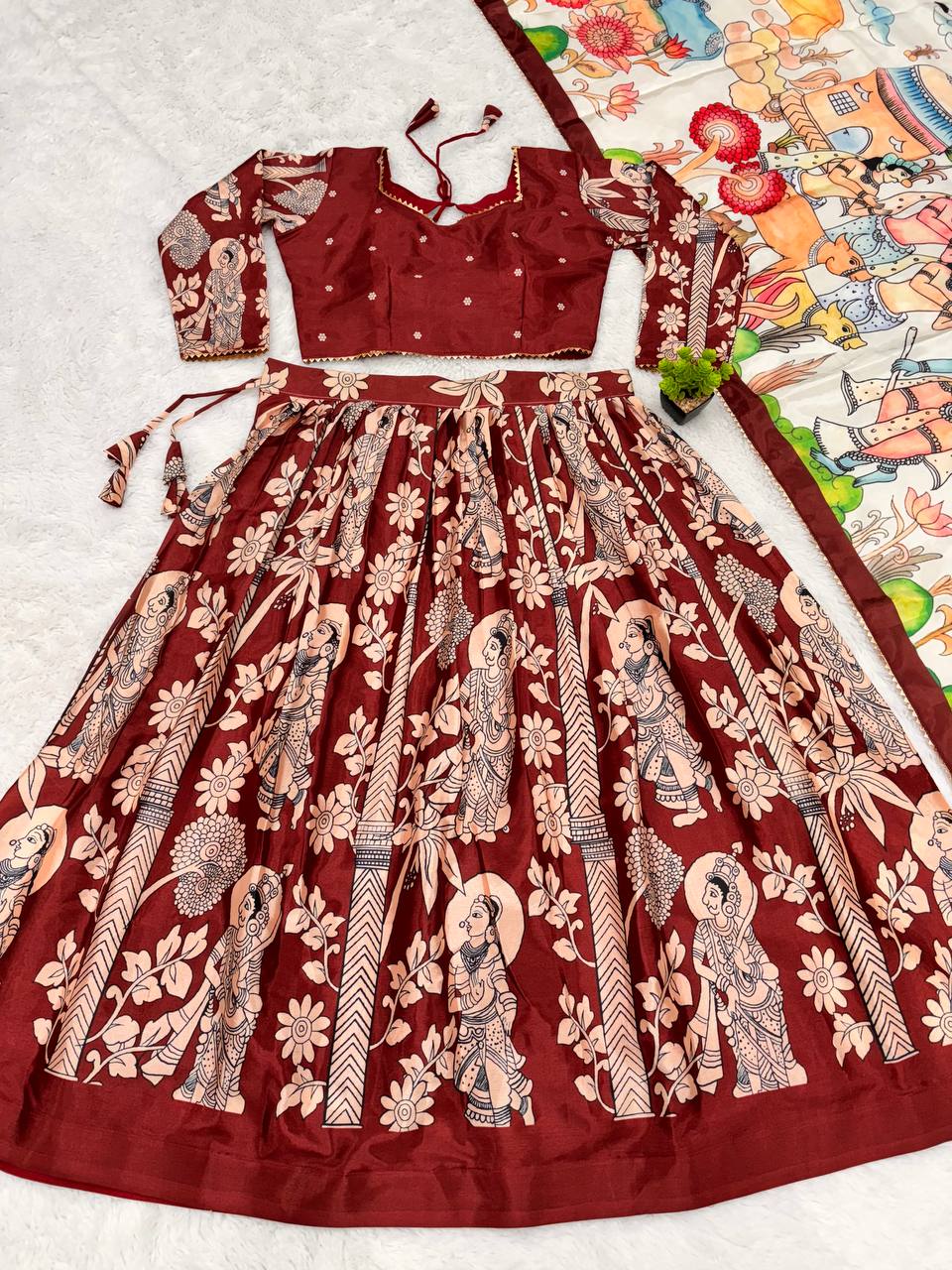 Madhubani Digital Maroon Print Lehenga with Beige Dupatta - Traditional Festive Wear for Women