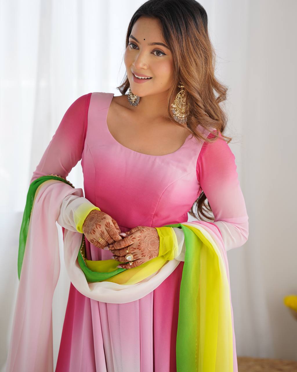 Anarkali Suit Multi Pink Color Georgette Three Piece