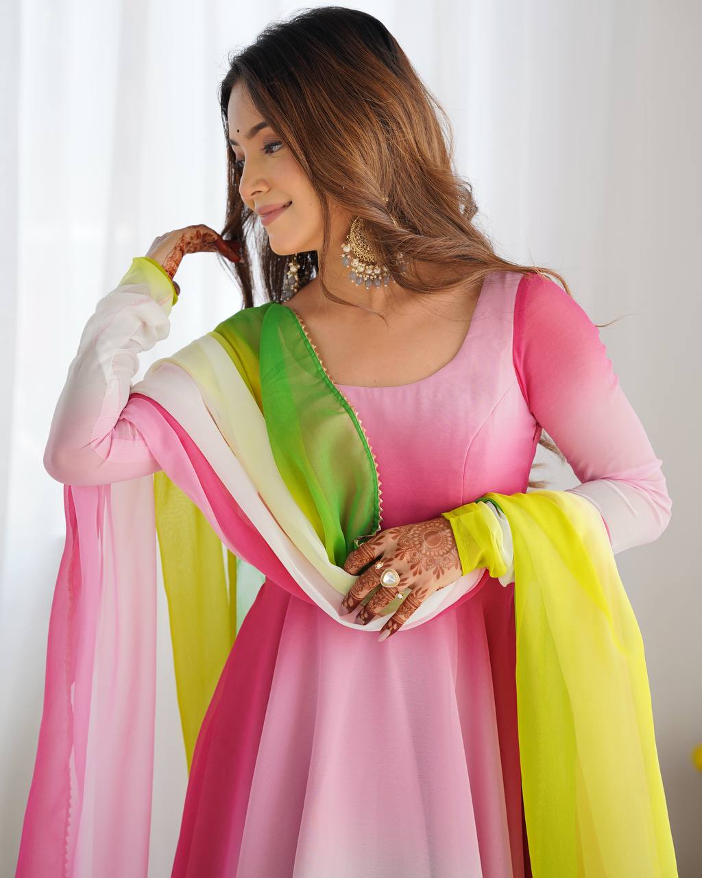 Anarkali Suit Multi Pink Color Georgette Three Piece