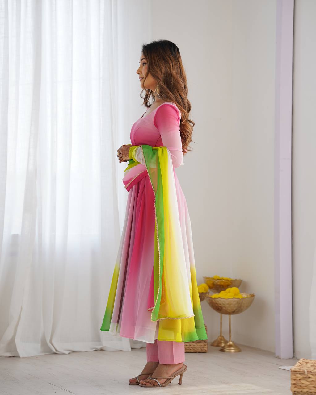 Anarkali Suit Multi Pink Color Georgette Three Piece