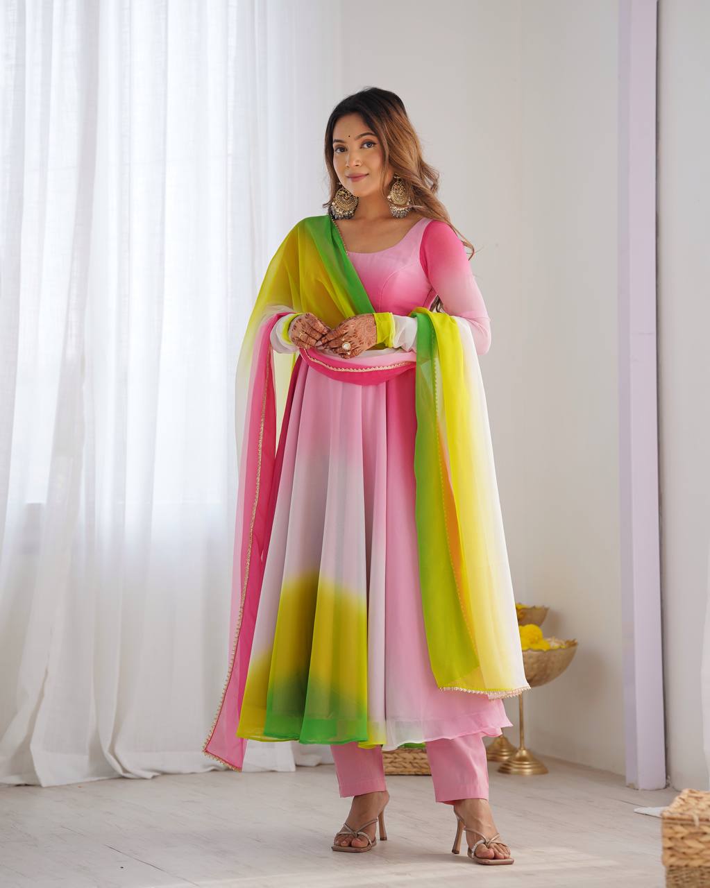 Anarkali Suit Multi Pink Color Georgette Three Piece