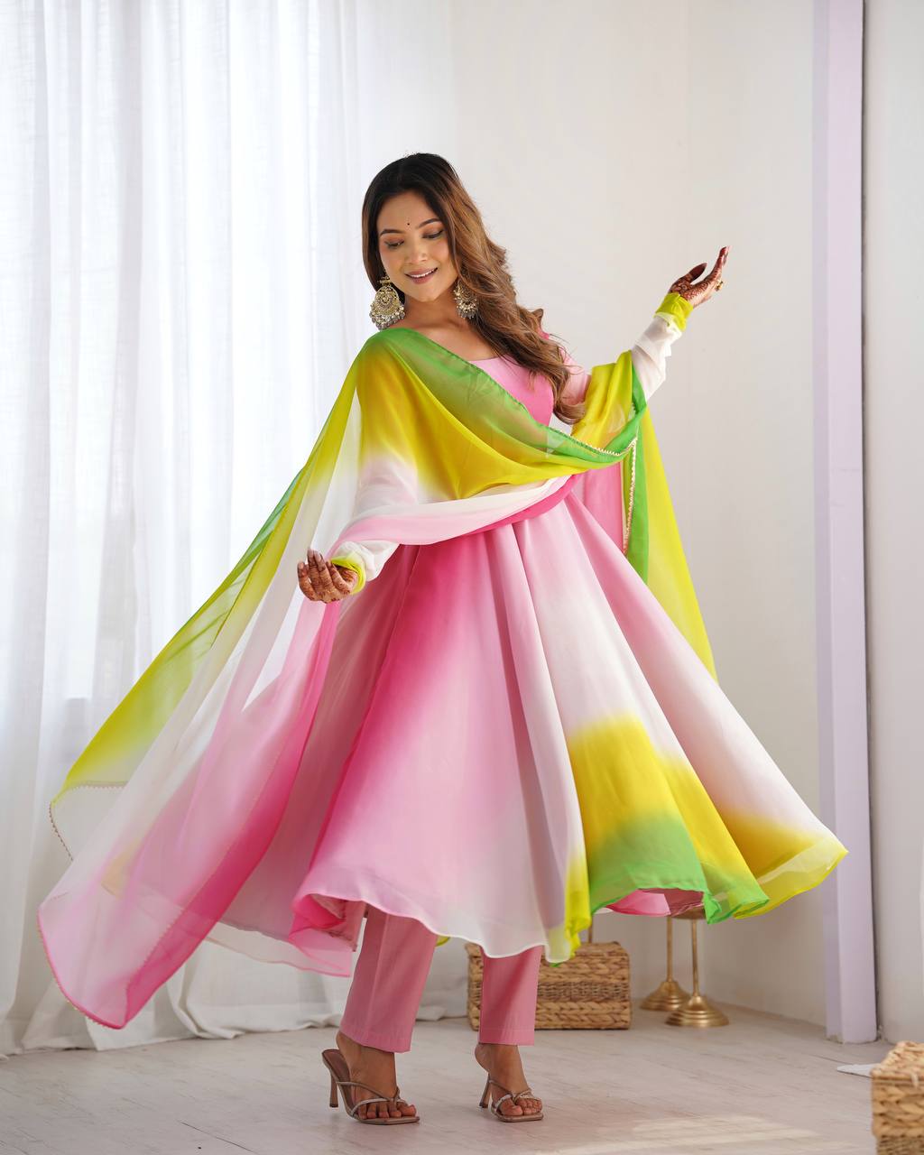 Anarkali Suit Multi Pink Color Georgette Three Piece