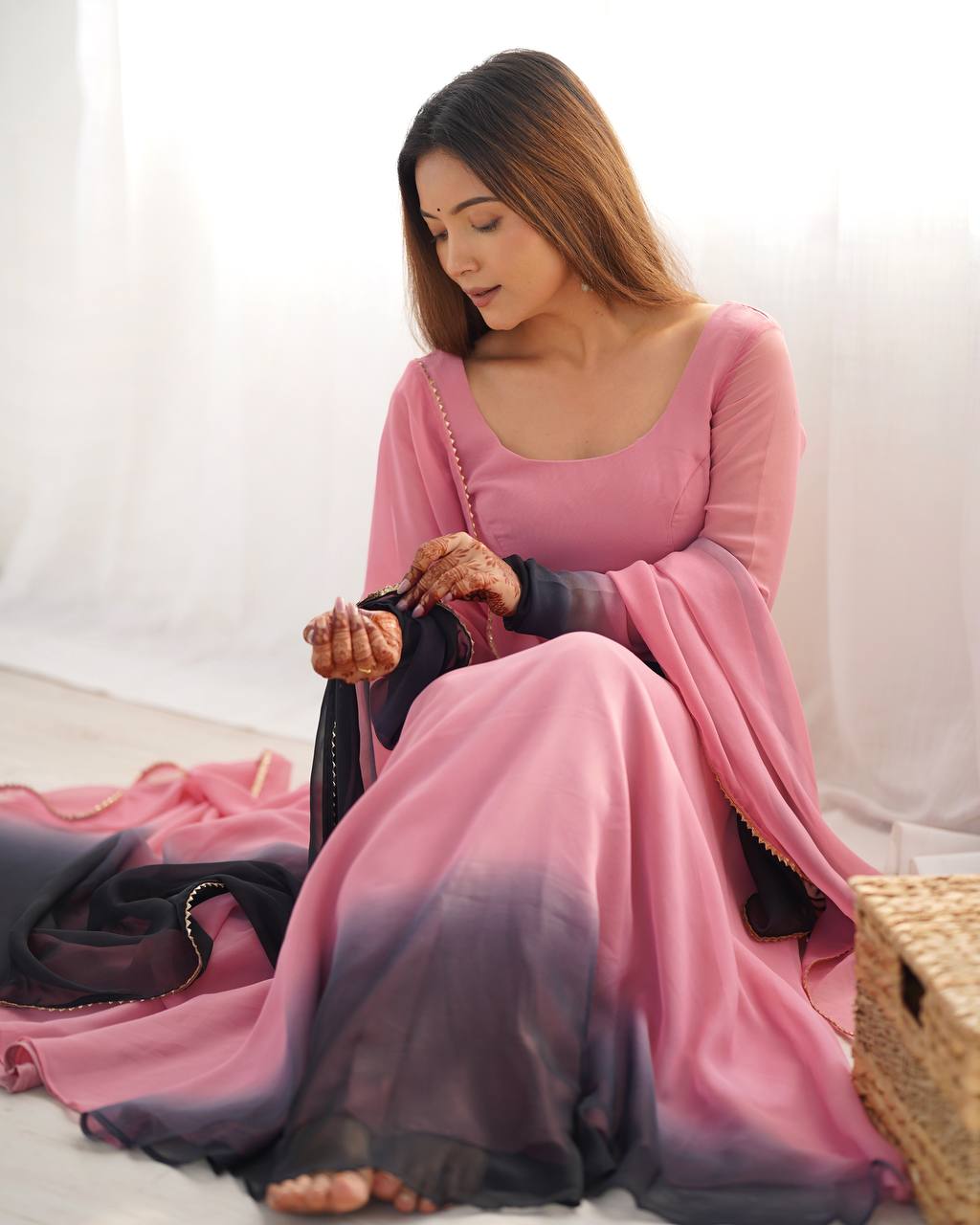 Anarkali Suit Onion Pink Color Georgette Three Piece