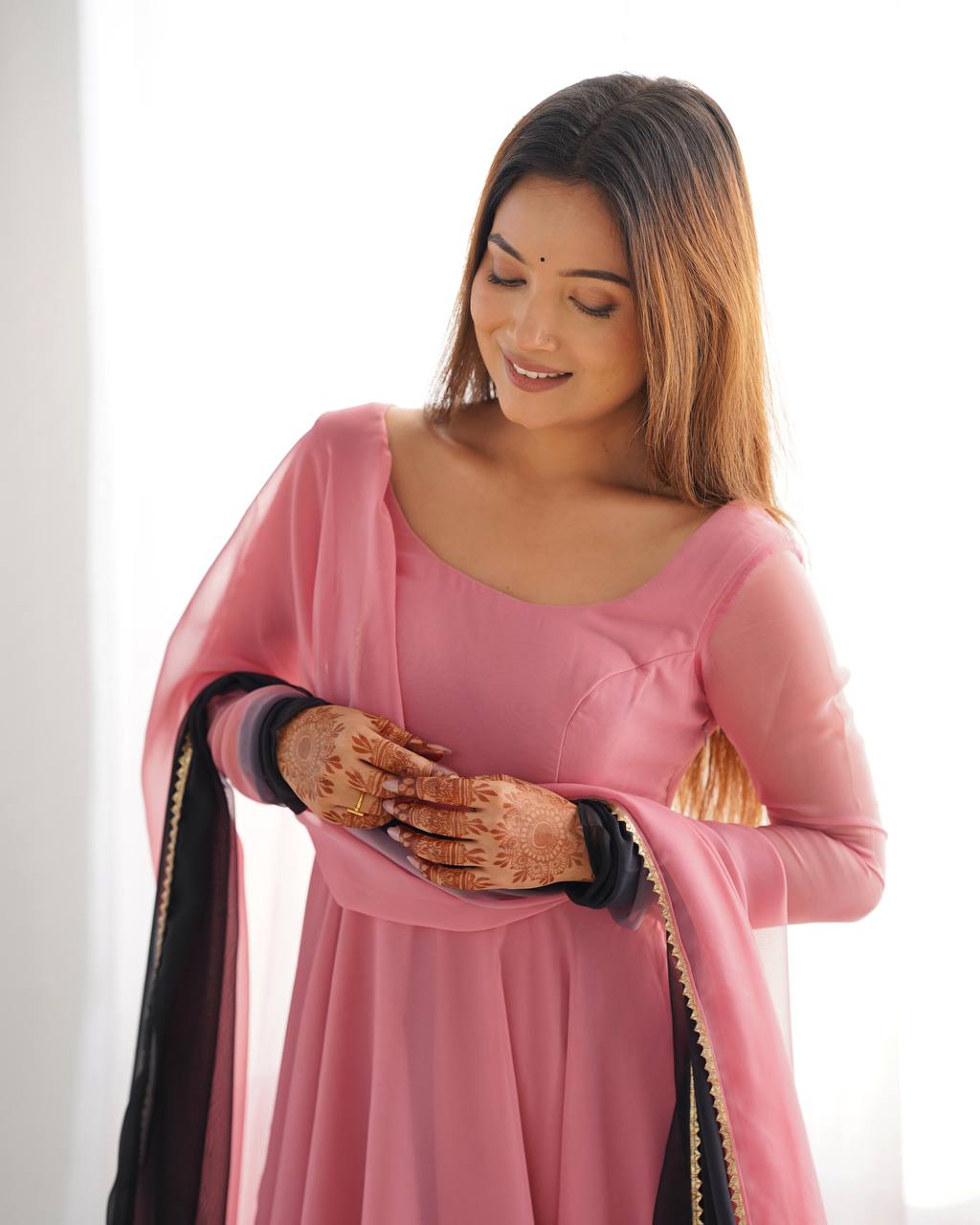Anarkali Suit Onion Pink Color Georgette Three Piece