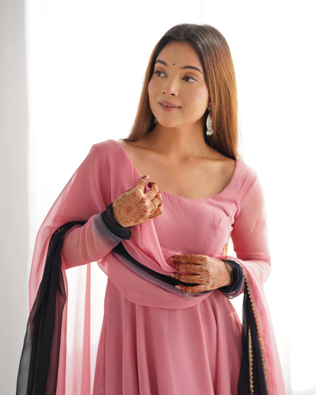 Anarkali Suit Onion Pink Color Georgette Three Piece