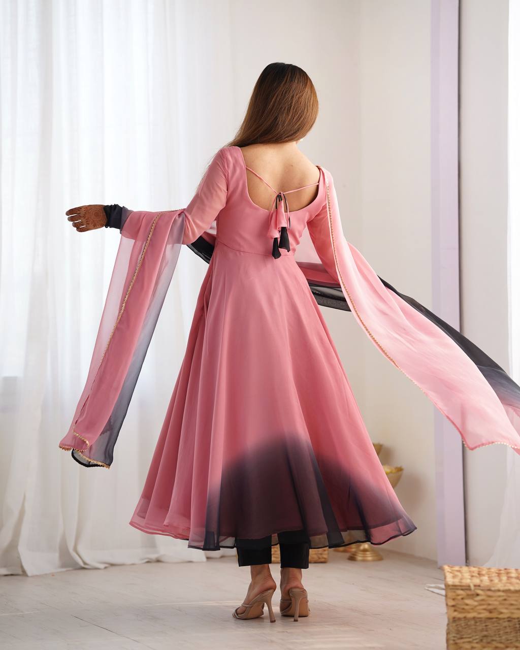 Anarkali Suit Onion Pink Color Georgette Three Piece