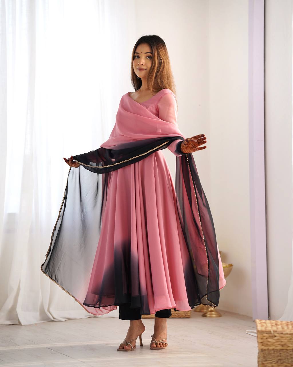 Anarkali Suit Onion Pink Color Georgette Three Piece