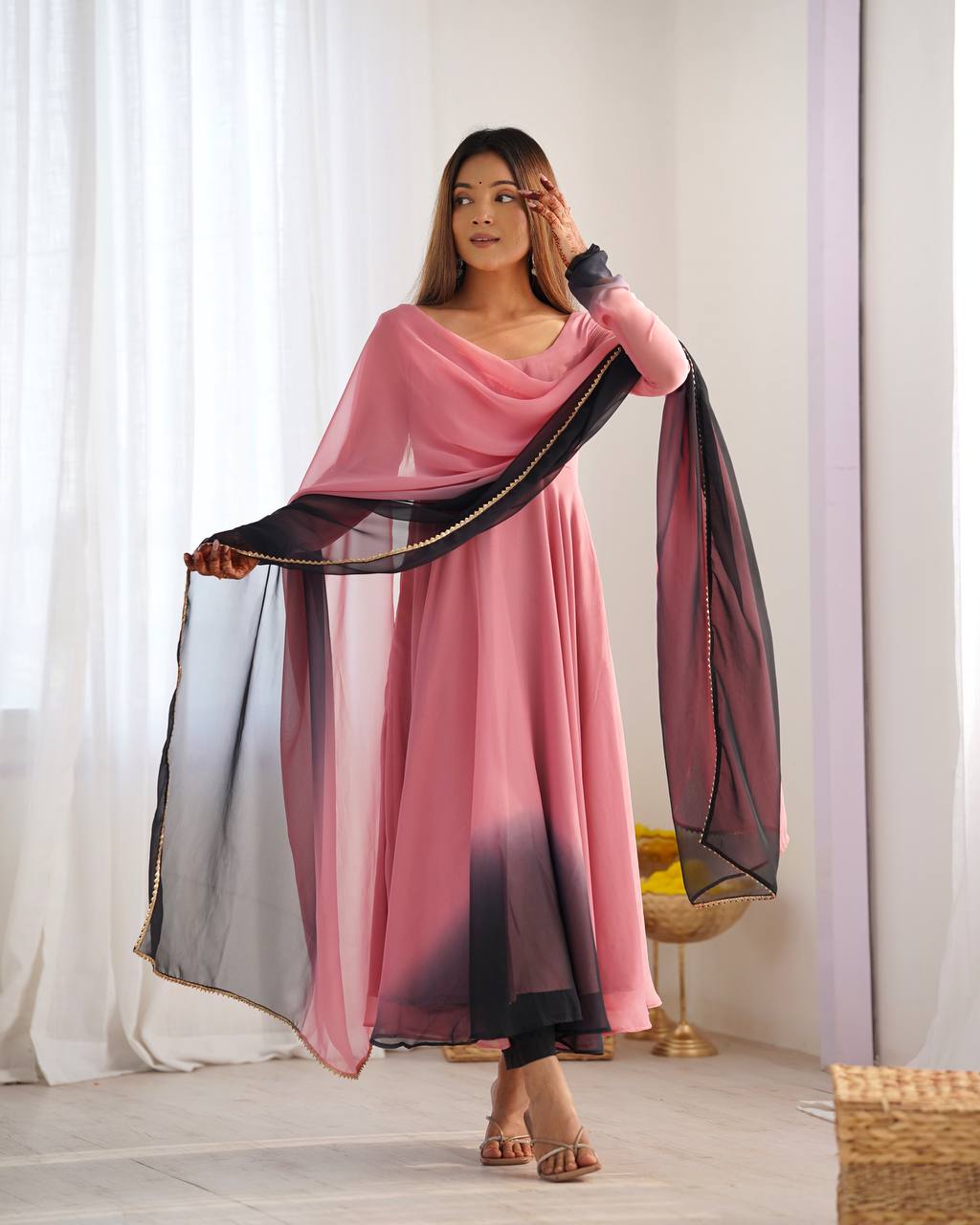 Anarkali Suit Onion Pink Color Georgette Three Piece