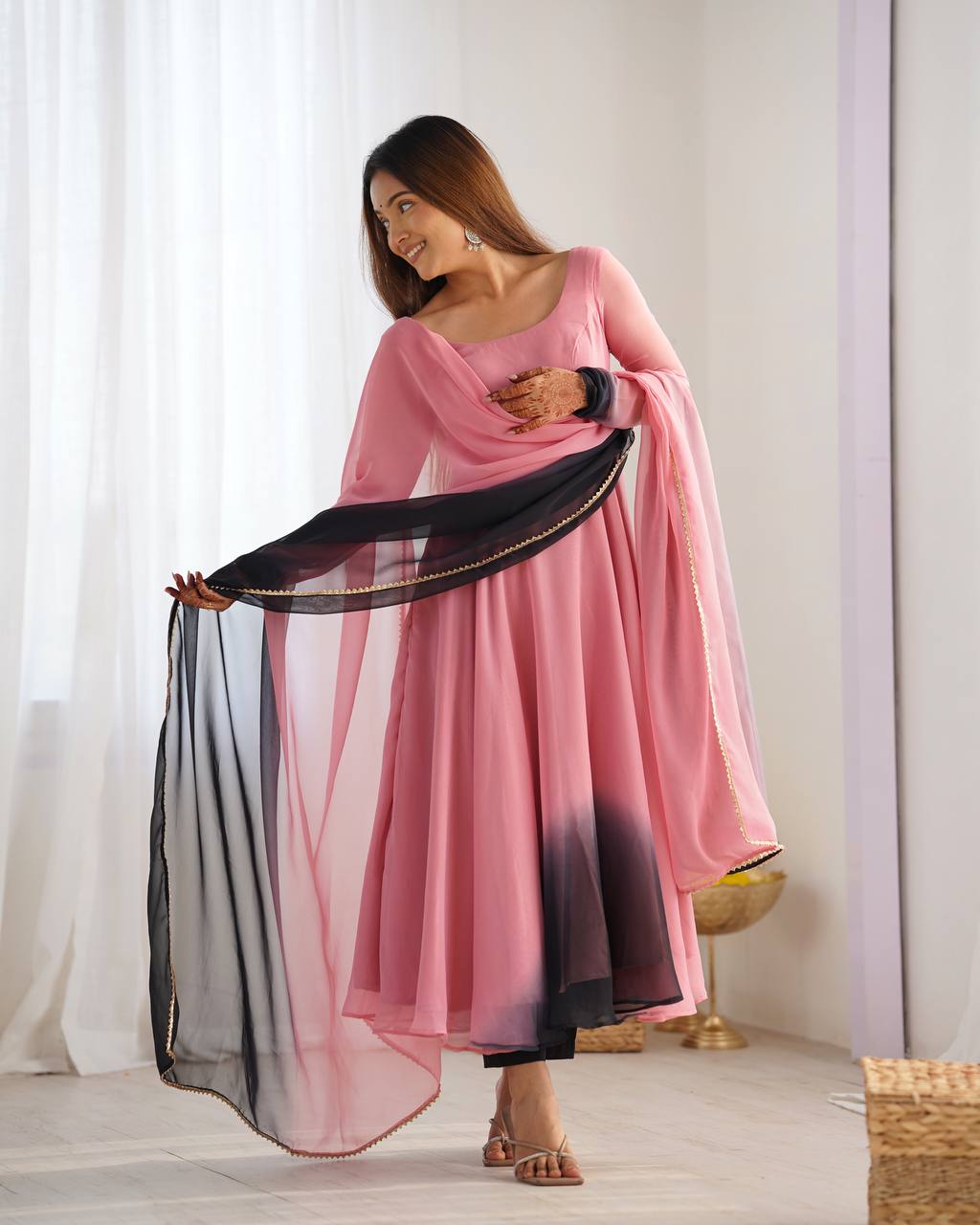 Anarkali Suit Onion Pink Color Georgette Three Piece