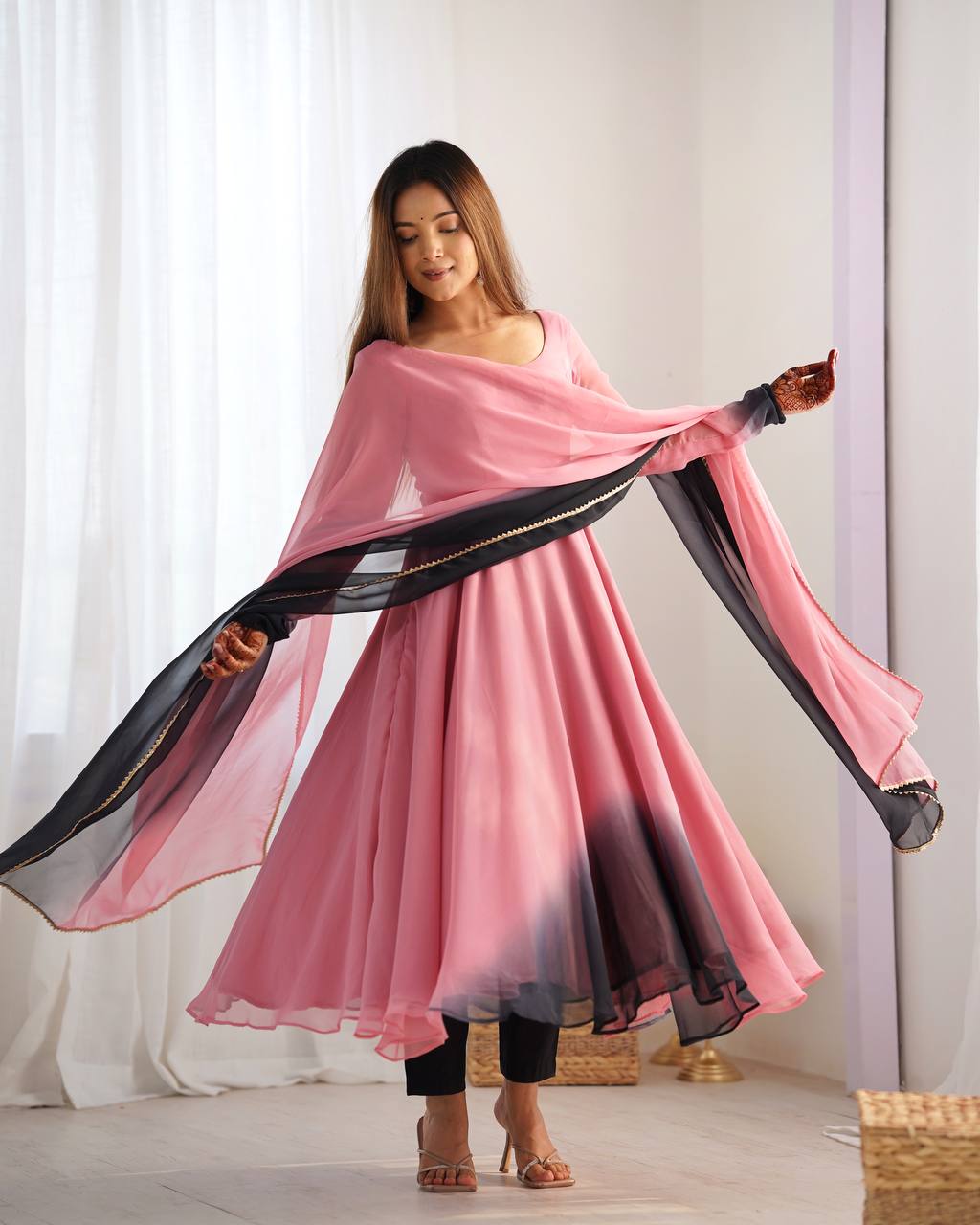 Anarkali Suit Onion Pink Color Georgette Three Piece