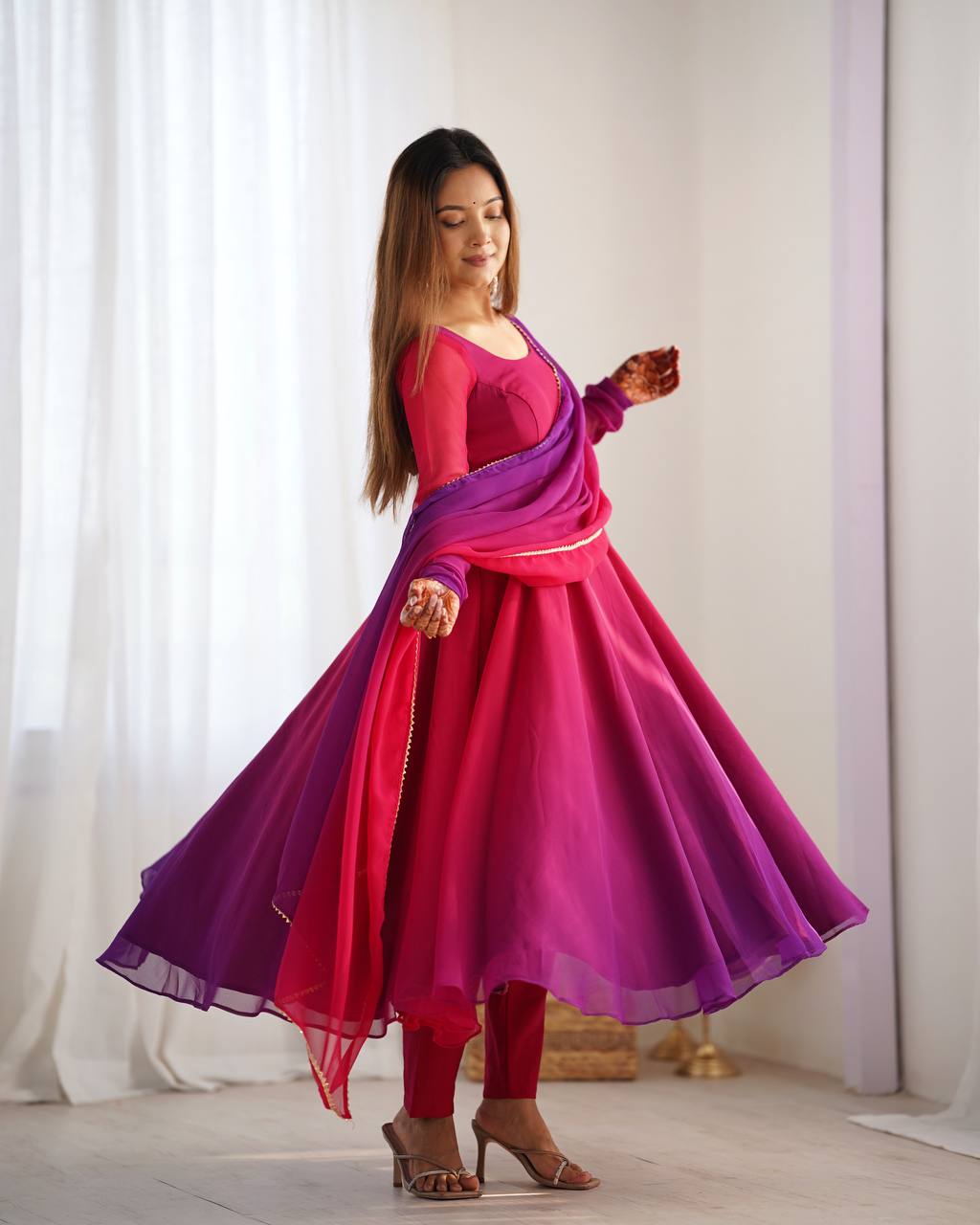 Anarkali Suit Dark Pink Colour Georgette Three Piece