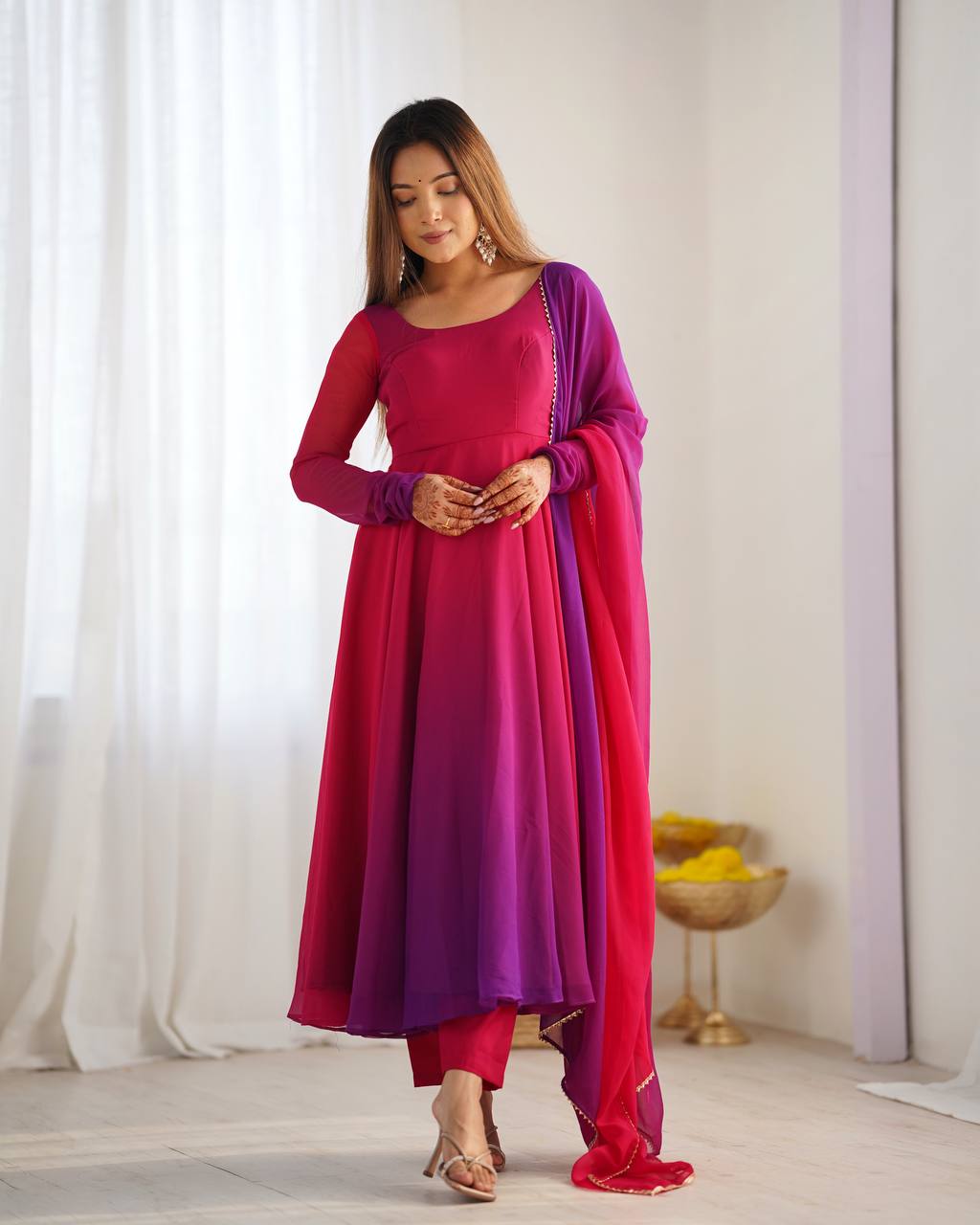 Anarkali Suit Dark Pink Colour Georgette Three Piece