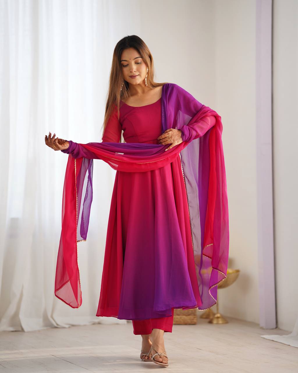 Anarkali Suit Dark Pink Colour Georgette Three Piece
