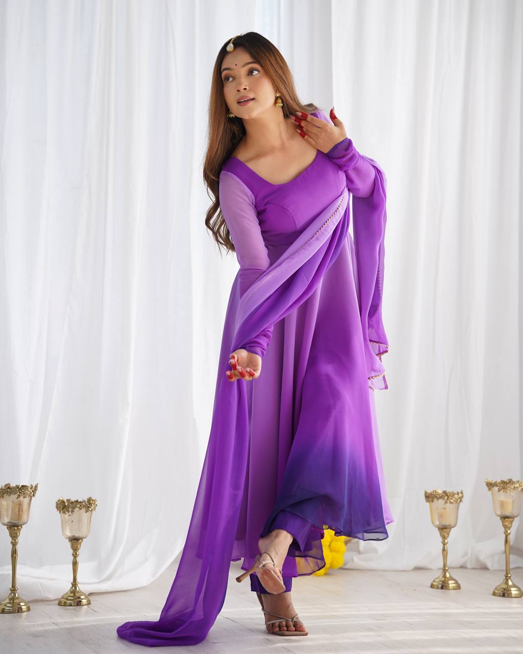 Anarkali Suit Multi Purple Color Georgette Three Piece