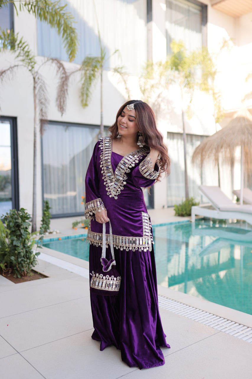 Wine Purple Ice Velvet Zari & Mirror Work Top with Flared Palazzo Set