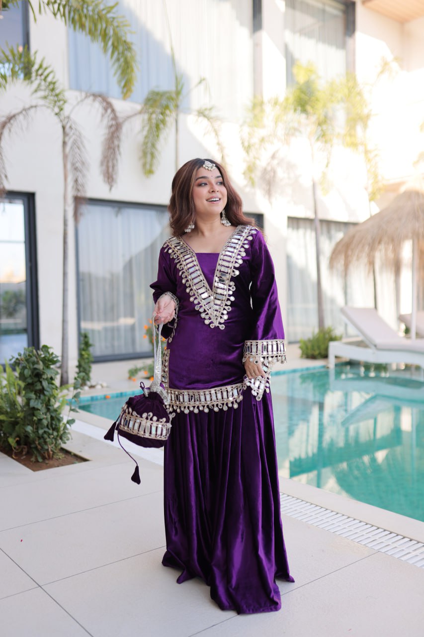 Wine Purple Ice Velvet Zari & Mirror Work Top with Flared Palazzo Set