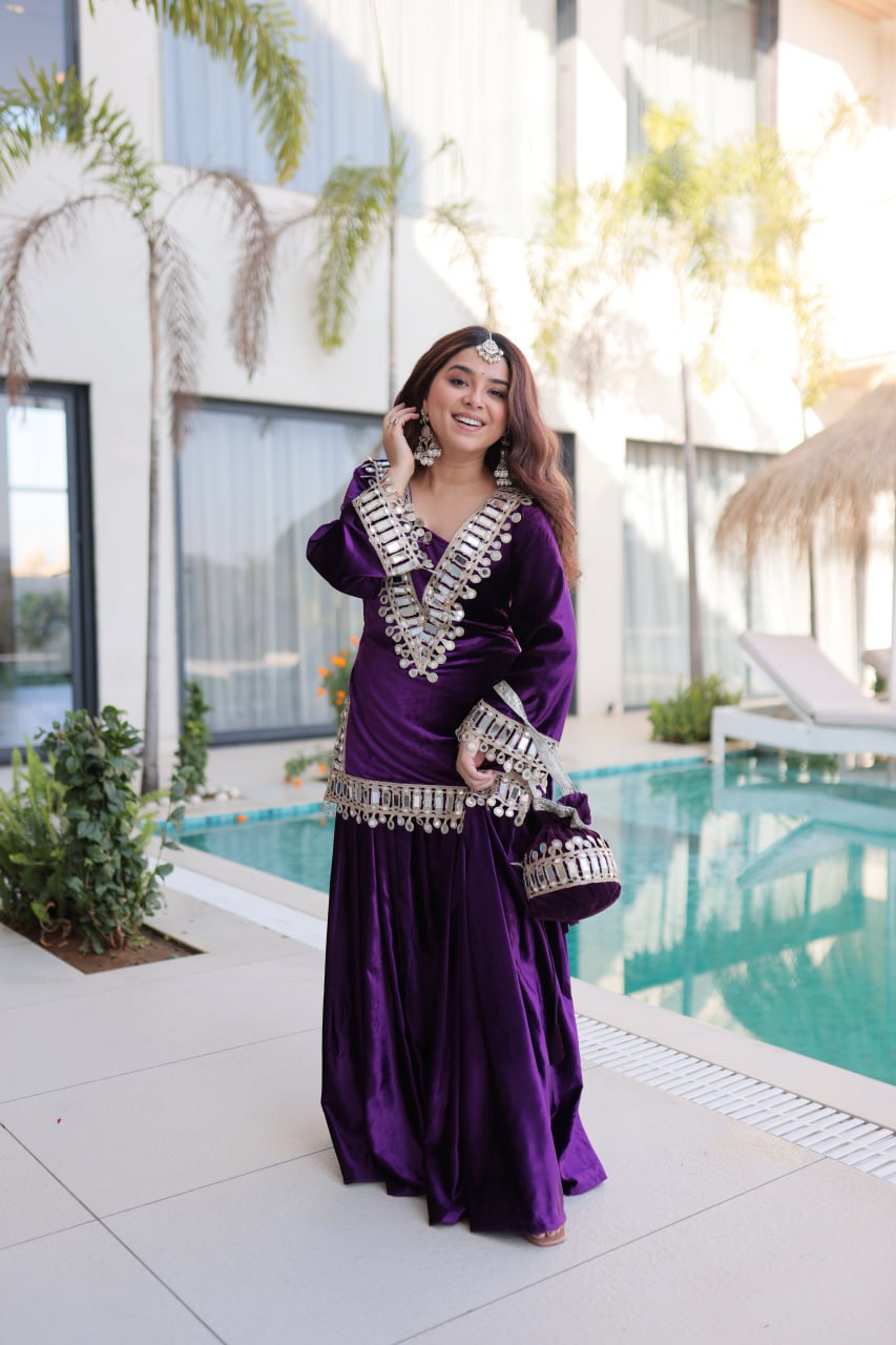 Wine Purple Ice Velvet Zari & Mirror Work Top with Flared Palazzo Set
