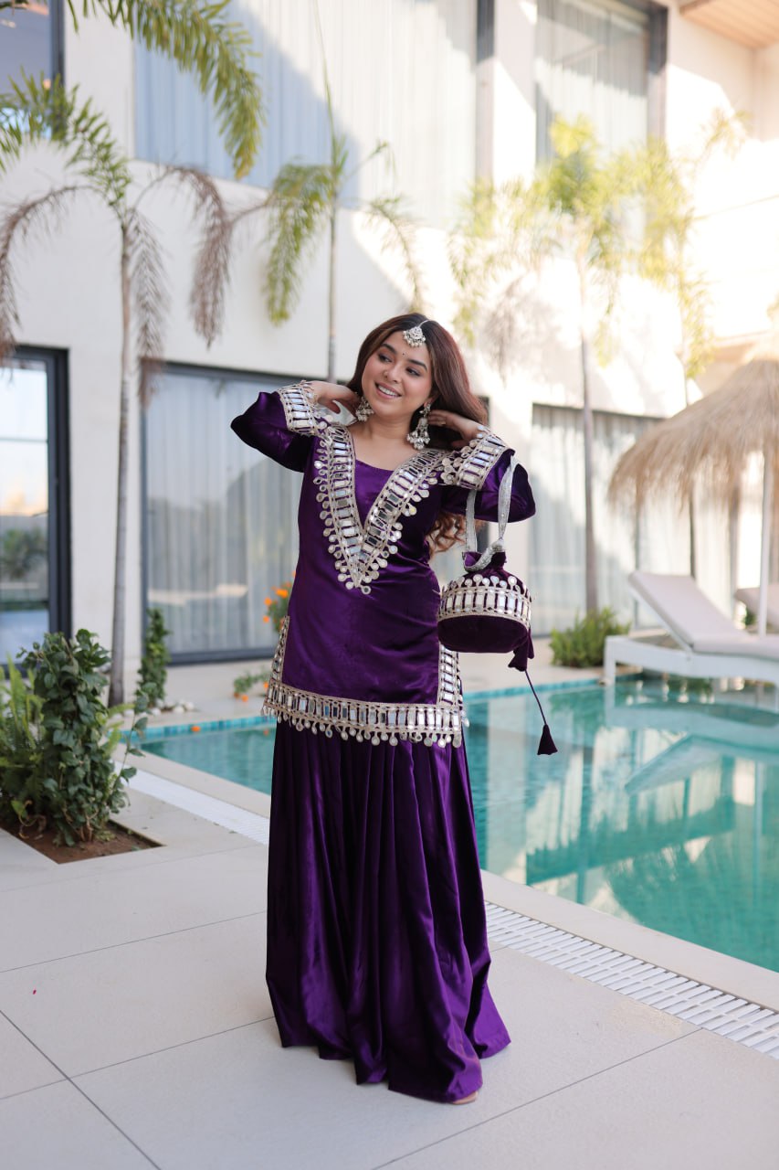 Wine Purple Ice Velvet Zari & Mirror Work Top with Flared Palazzo Set